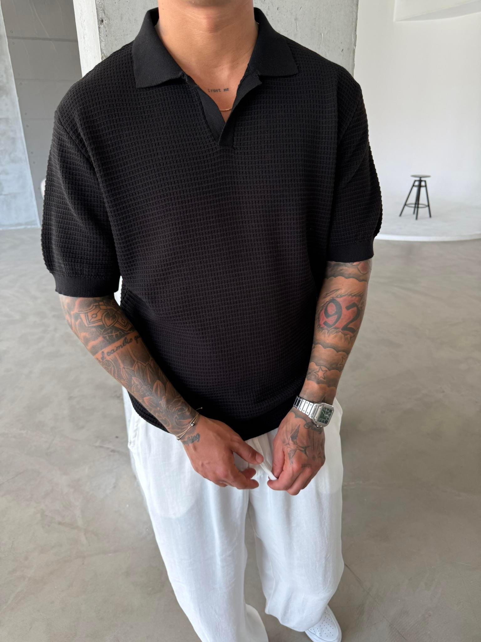 Ajurlu Patlı Triko Lacivert Polo Yaka T-Shirt - Siyah