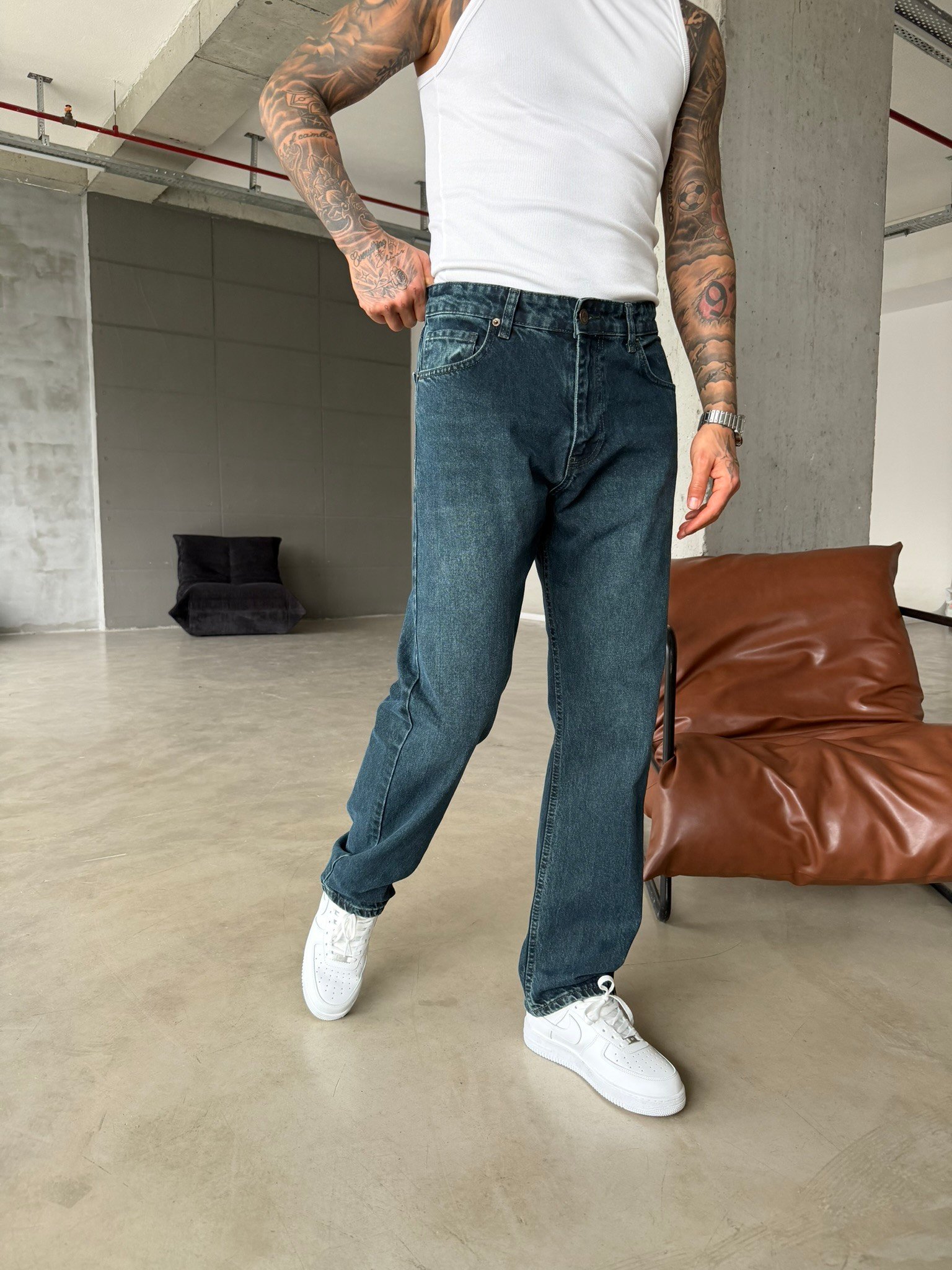 Baggy Fit Eskitme Yıkamalı Tiltli Pantolon - İndigo