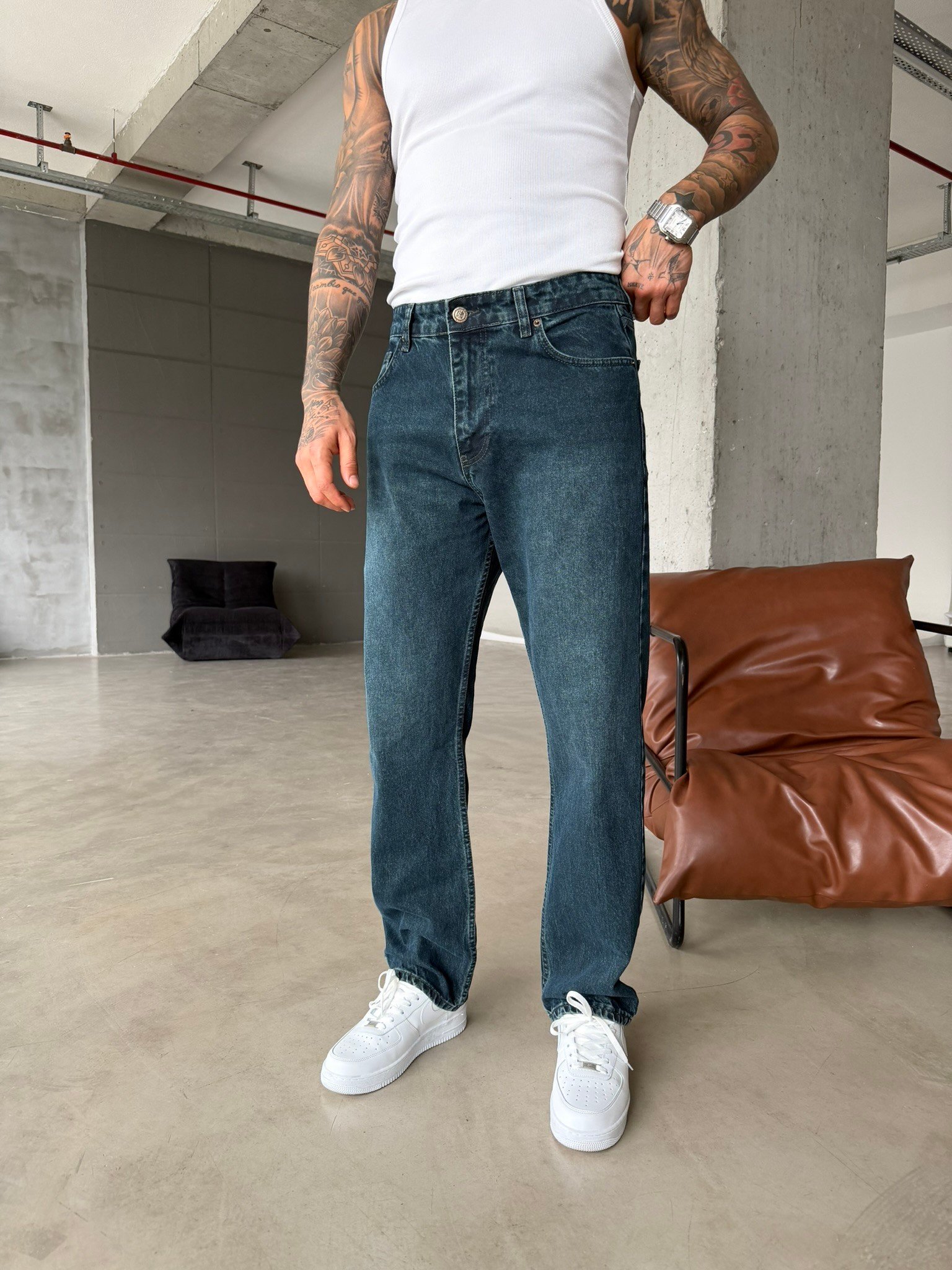 Baggy Fit Eskitme Yıkamalı Tiltli Pantolon - İndigo