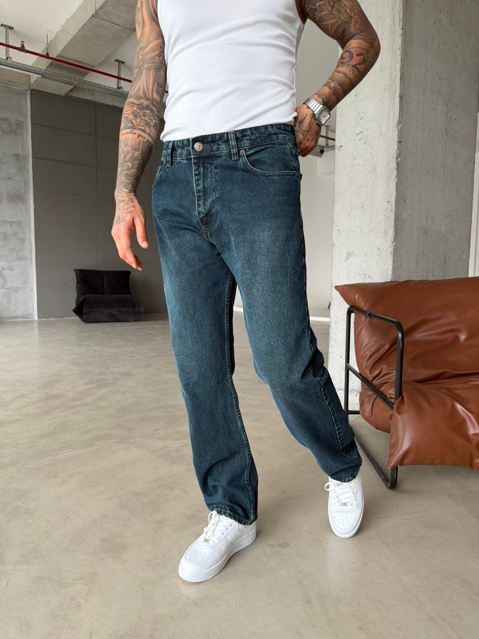 Baggy Fit Eskitme Yıkamalı Tiltli Pantolon - İndigo