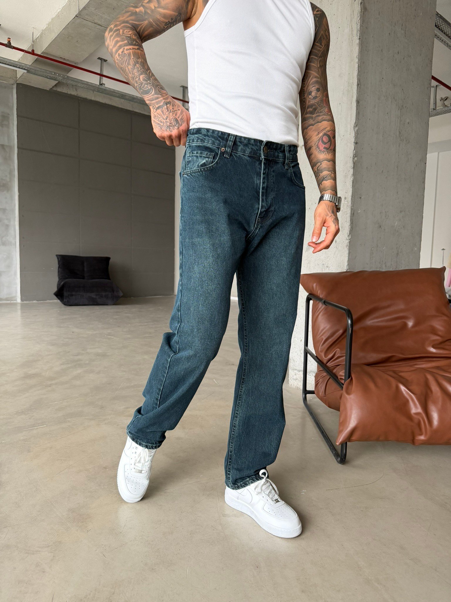 Baggy Fit Eskitme Yıkamalı Tiltli Pantolon - İndigo