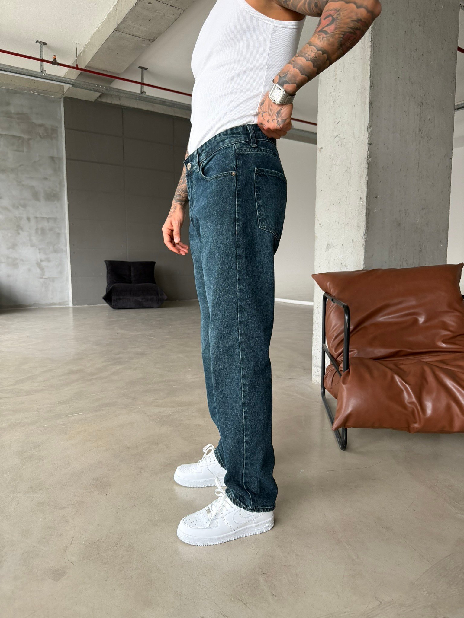 Baggy Fit Eskitme Yıkamalı Tiltli Pantolon - İndigo