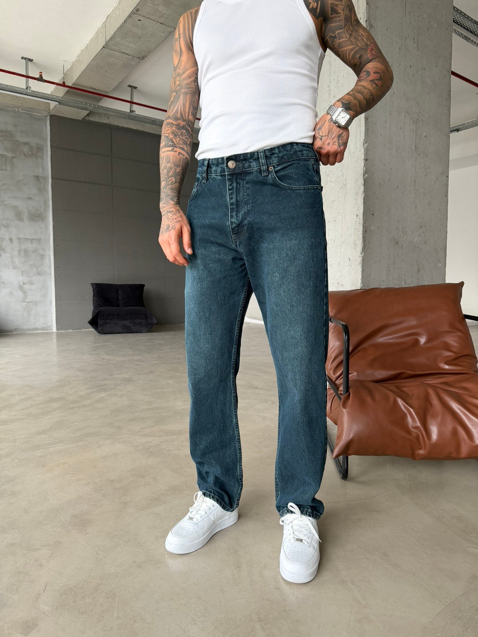 Baggy Fit Eskitme Yıkamalı Tiltli Pantolon - İndigo