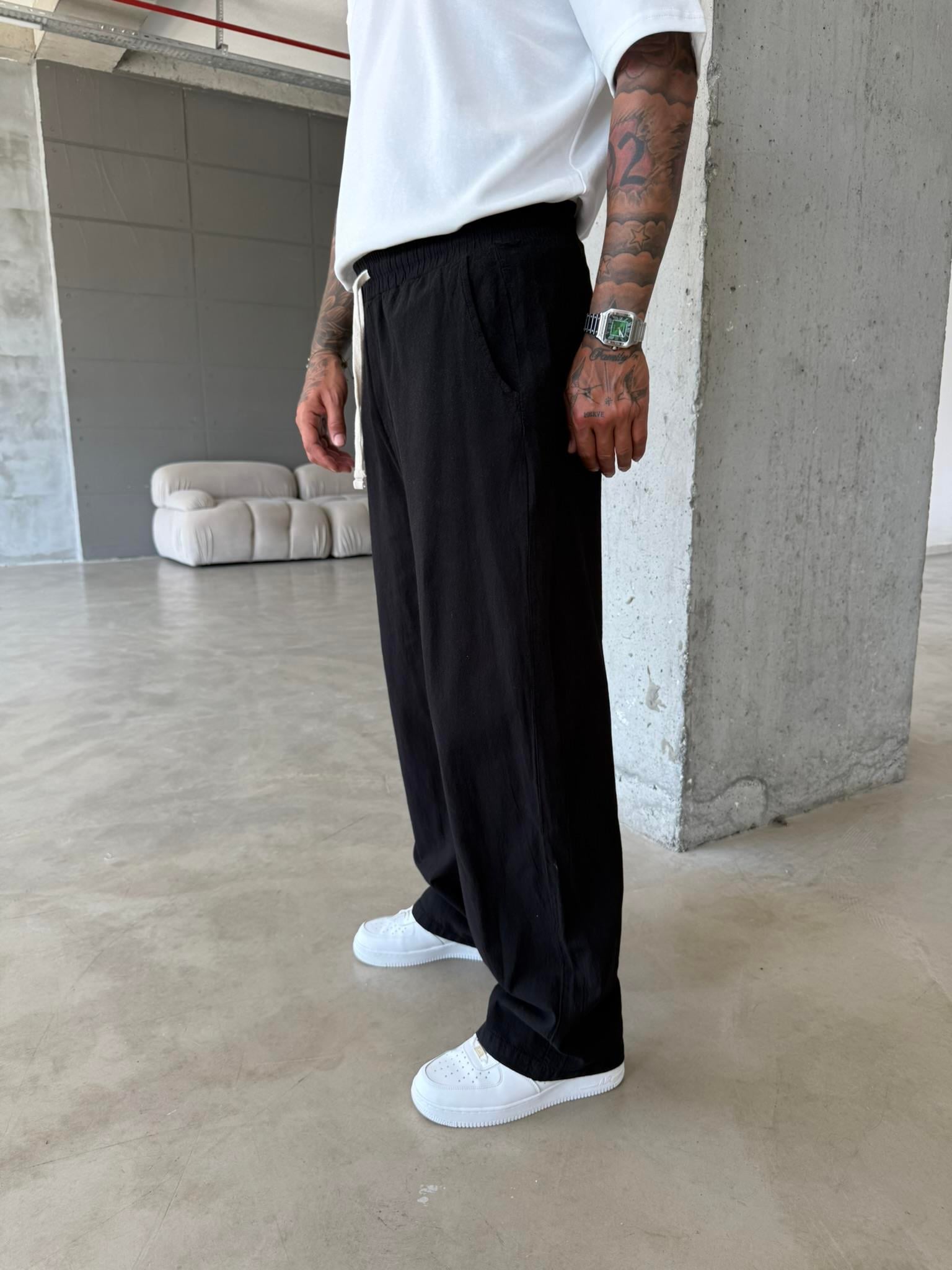 Baggy Fit Keten Pantolon - Siyah