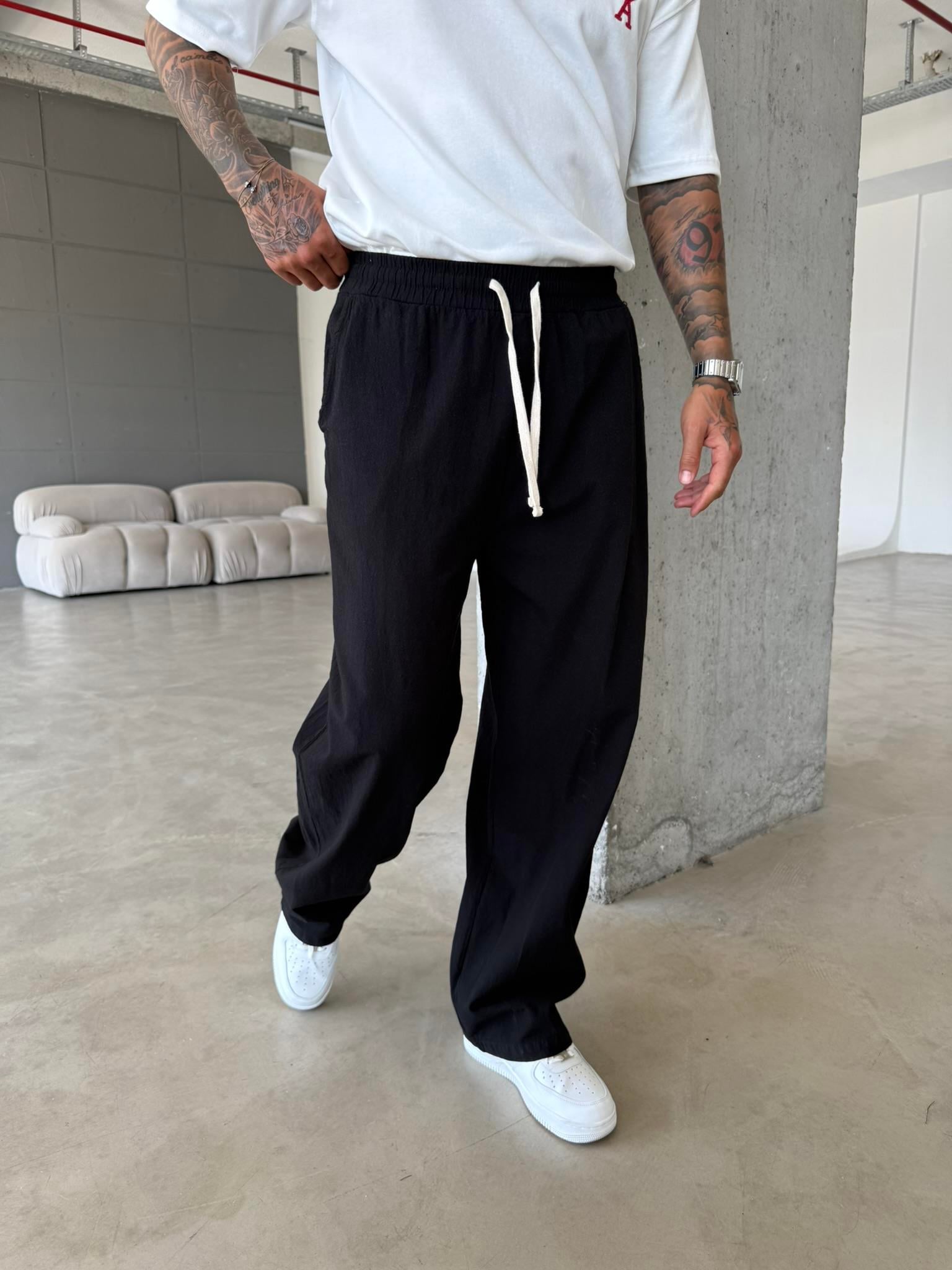 Baggy Fit Keten Pantolon - Siyah