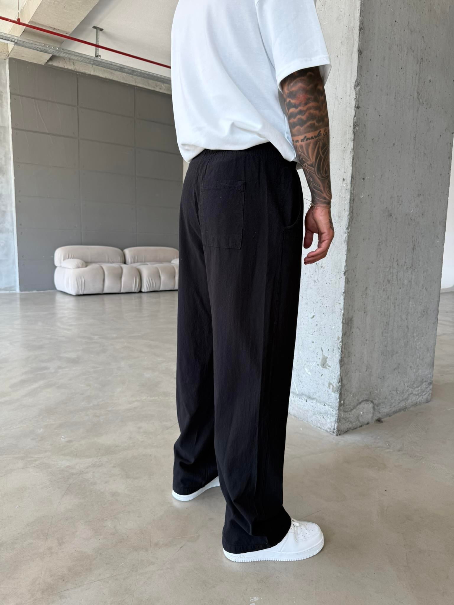 Baggy Fit Keten Pantolon - Siyah