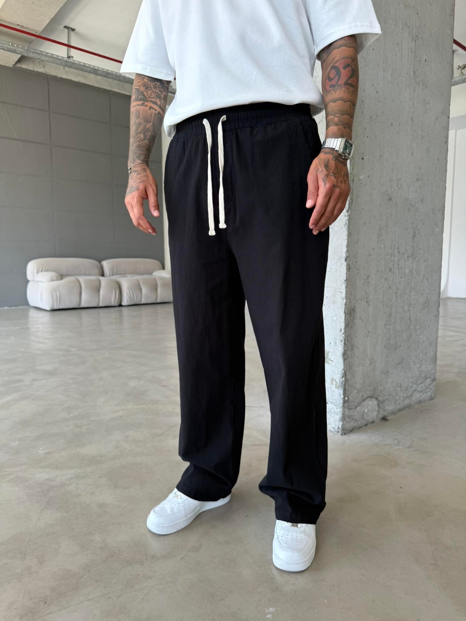 Baggy Fit Keten Pantolon - Siyah