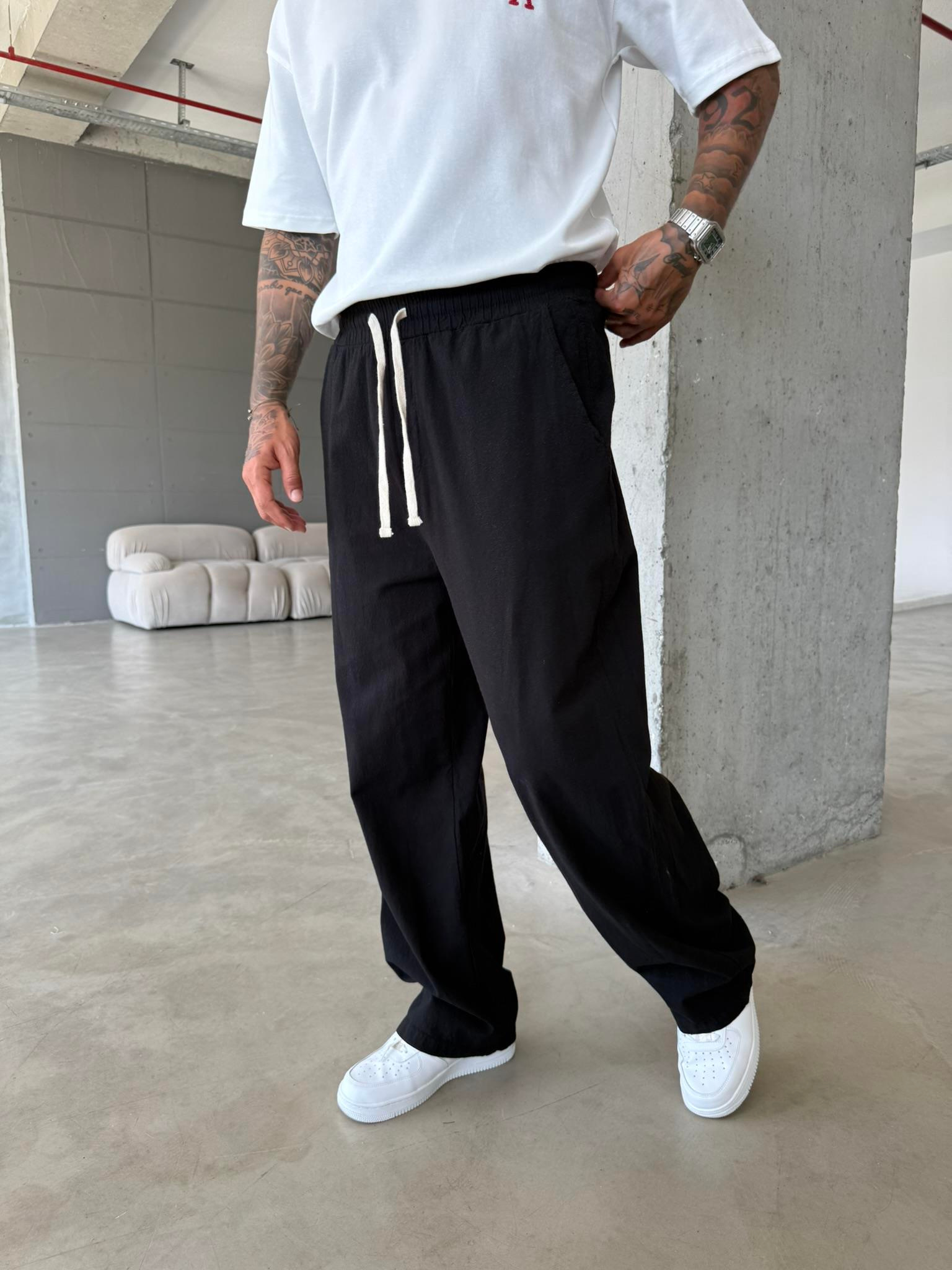 Baggy Fit Keten Pantolon - Siyah