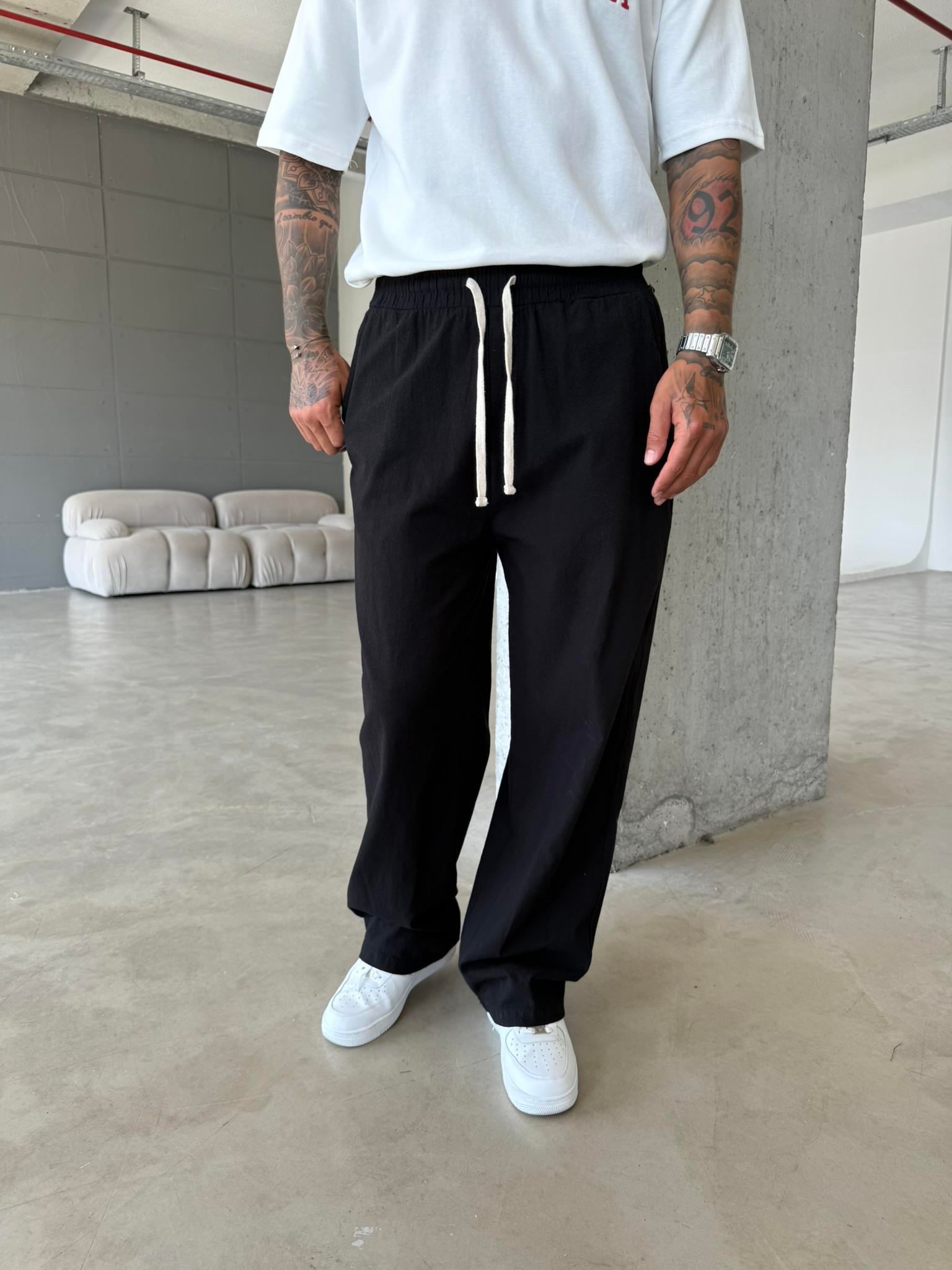 Baggy Fit Keten Pantolon - Siyah