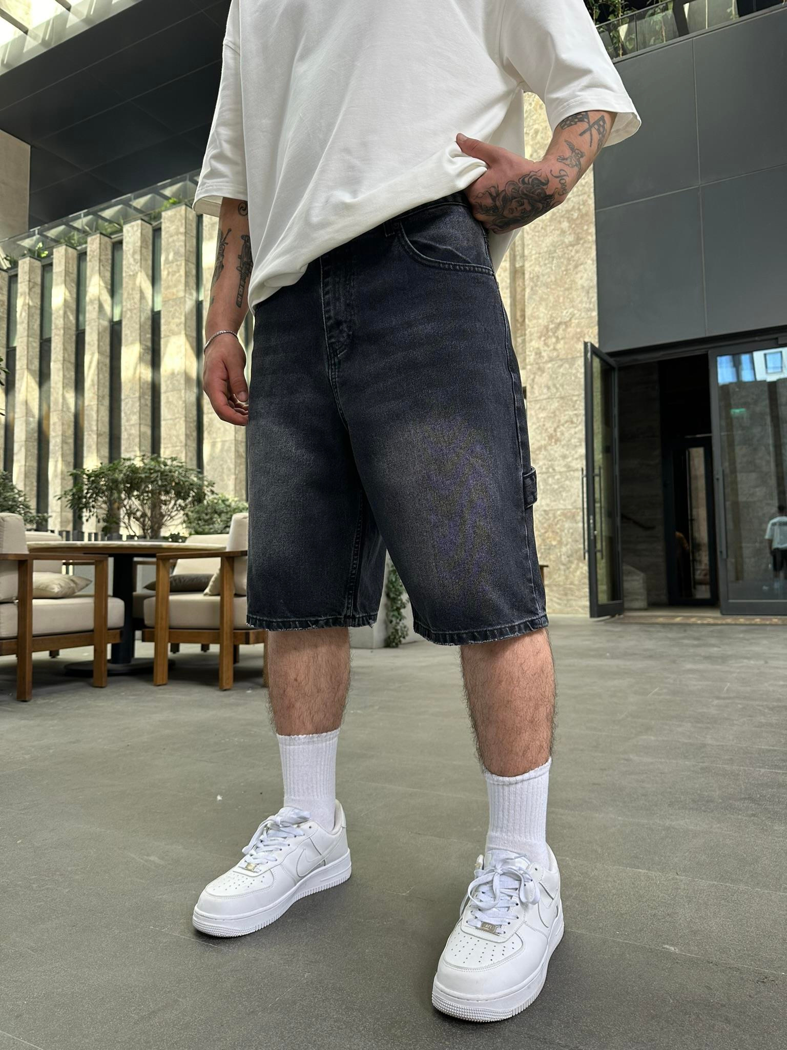 Baggy Kot Şort Kemerli-Siyah