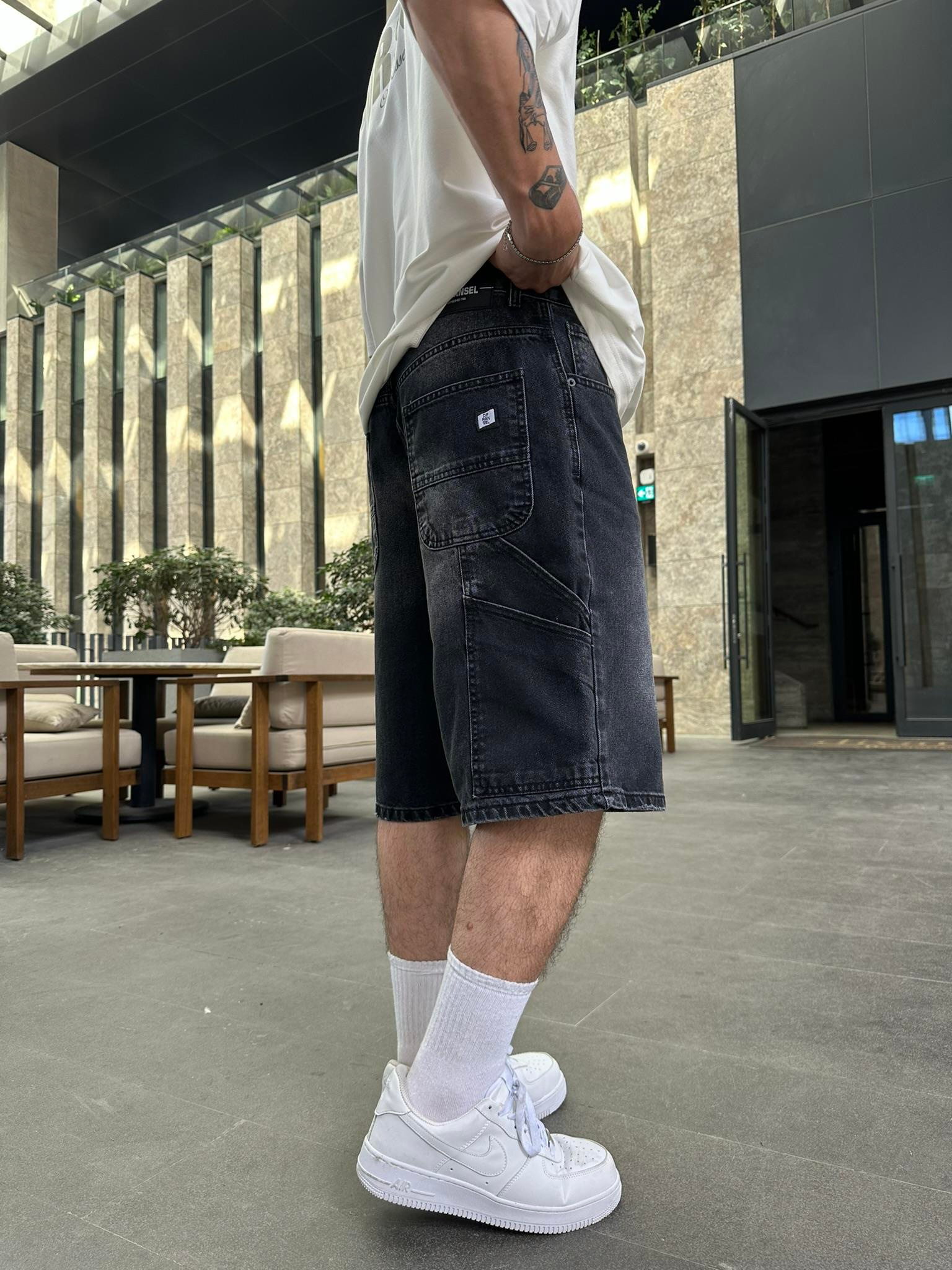 Baggy Kot Şort Kemerli-Siyah