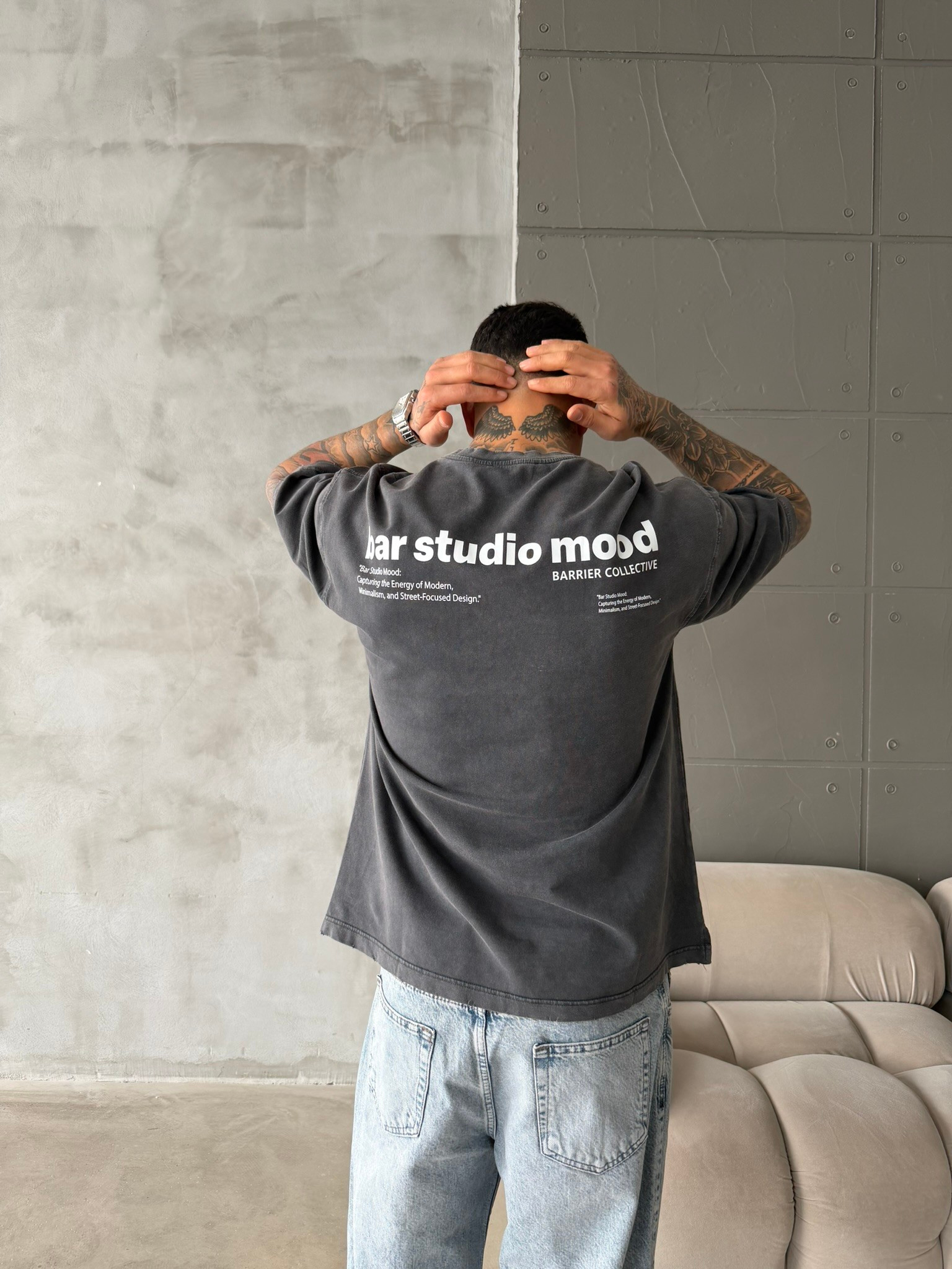 Bar Studio Acid Yıkamalı T-Shirt - Siyah