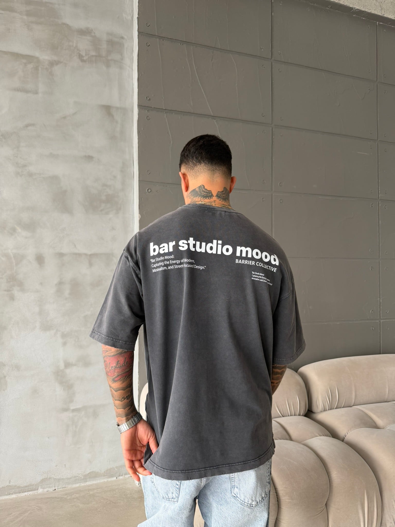 Bar Studio Acid Yıkamalı T-Shirt - Siyah