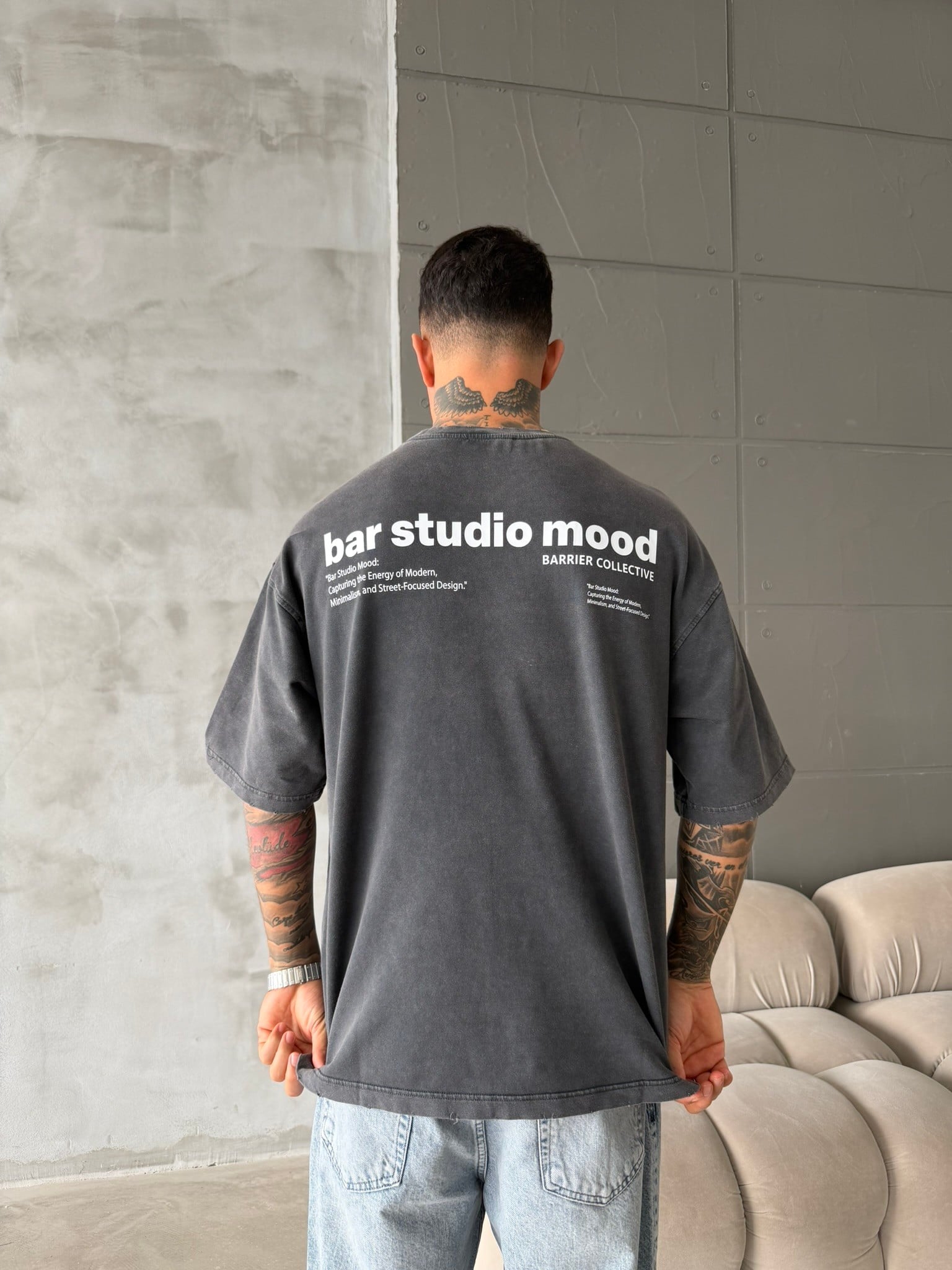Bar Studio Acid Yıkamalı T-Shirt - Siyah