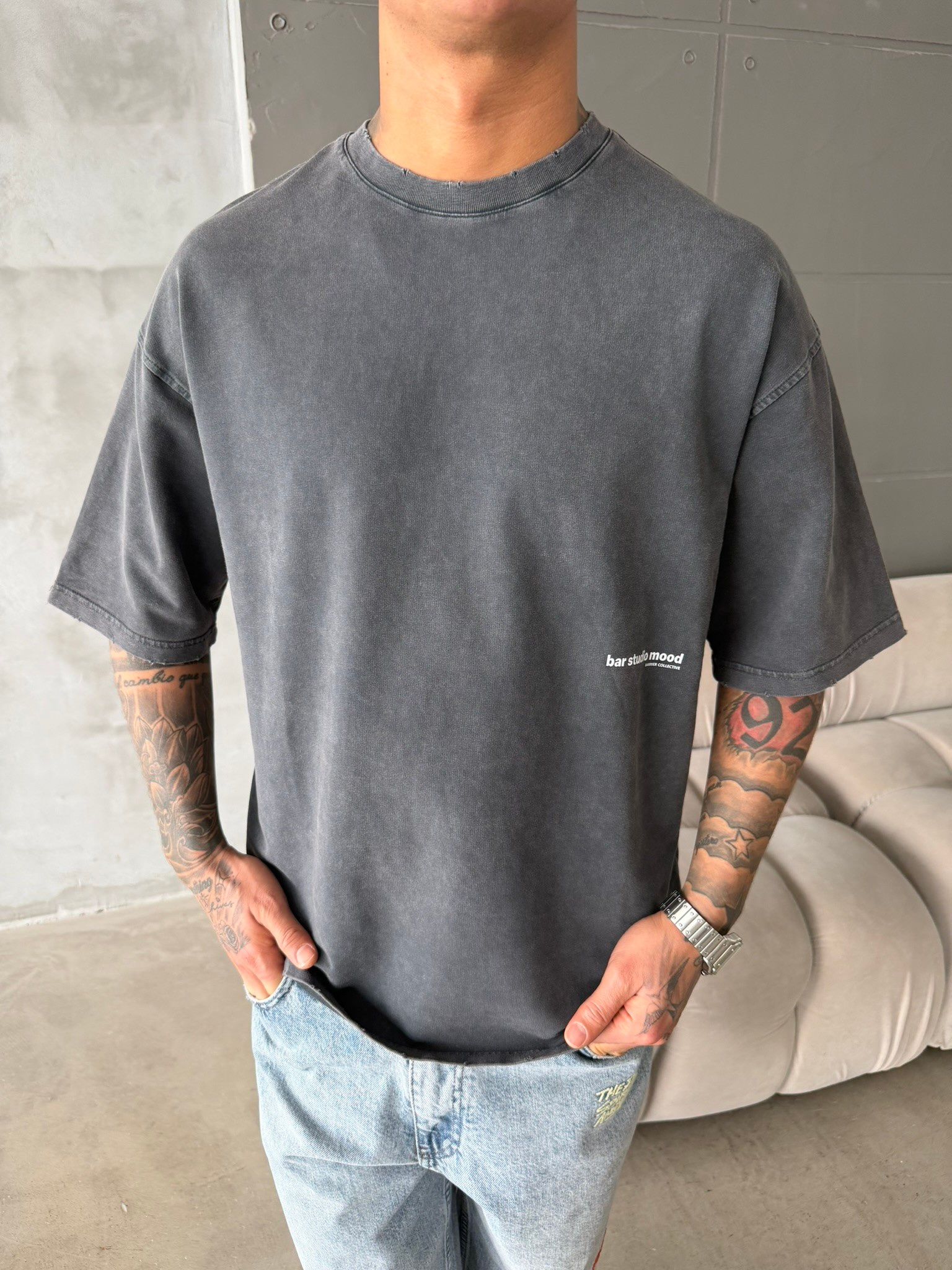 Bar Studio Acid Yıkamalı T-Shirt - Siyah