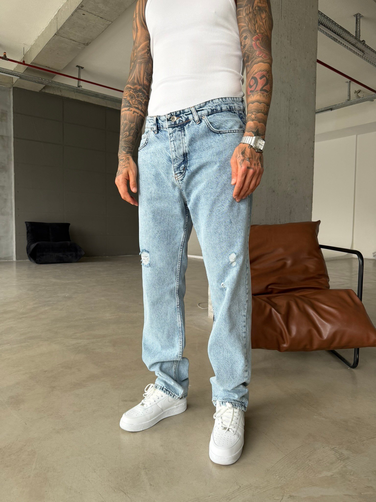 Basic Baggy Fit Yırtık Detay Pantolon - Mavi