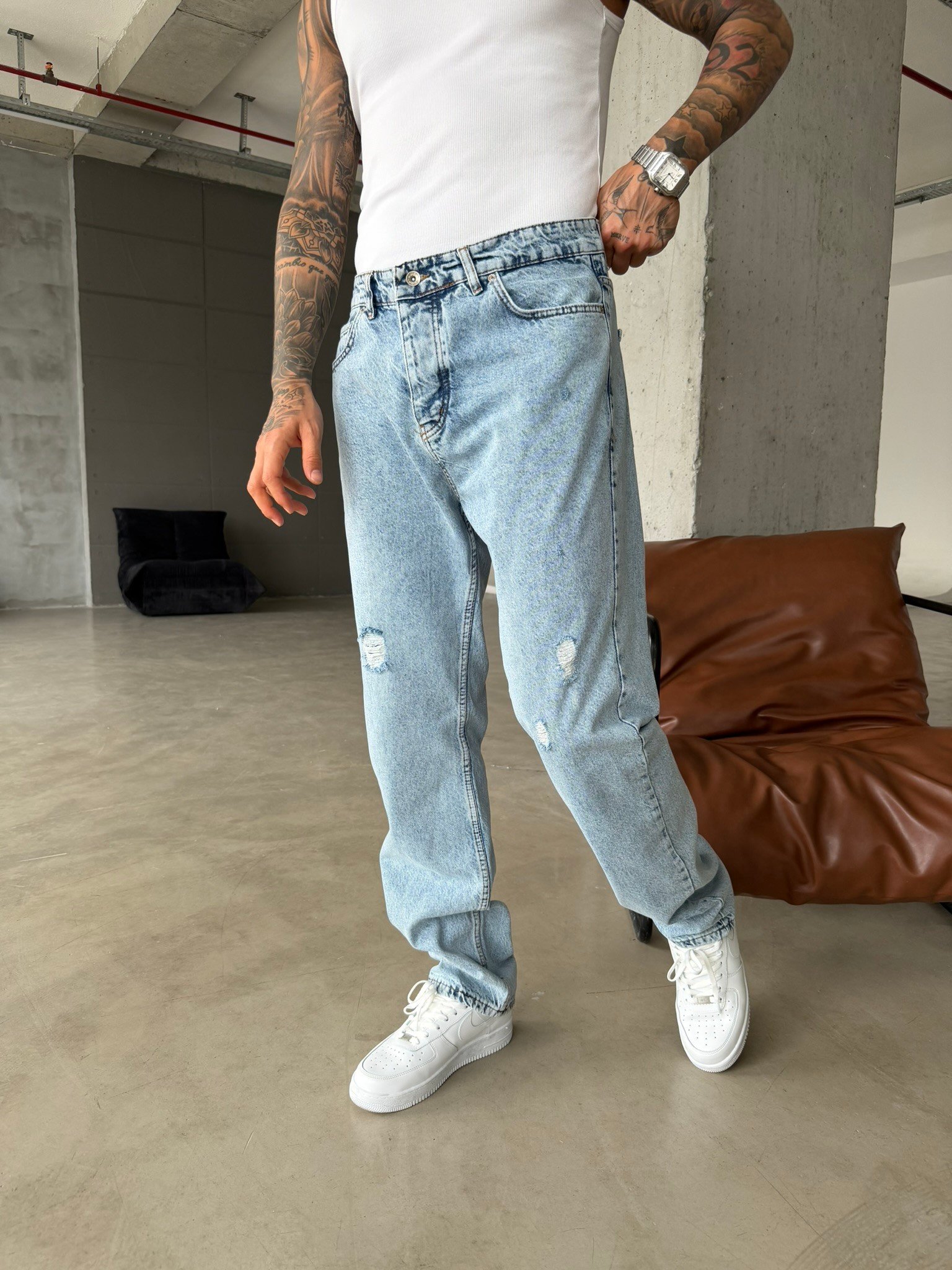 Basic Baggy Fit Yırtık Detay Pantolon - Mavi