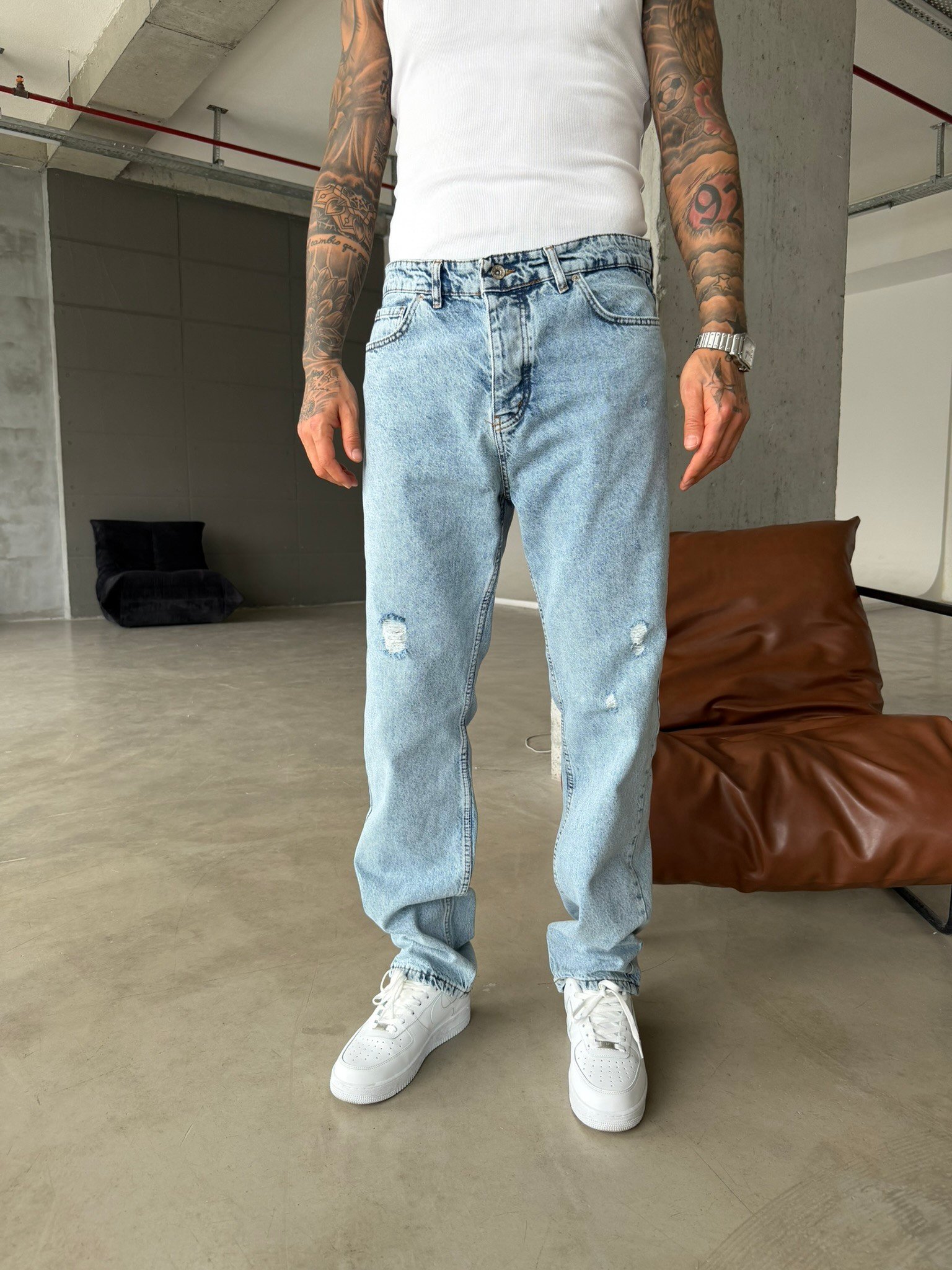 Basic Baggy Fit Yırtık Detay Pantolon - Mavi