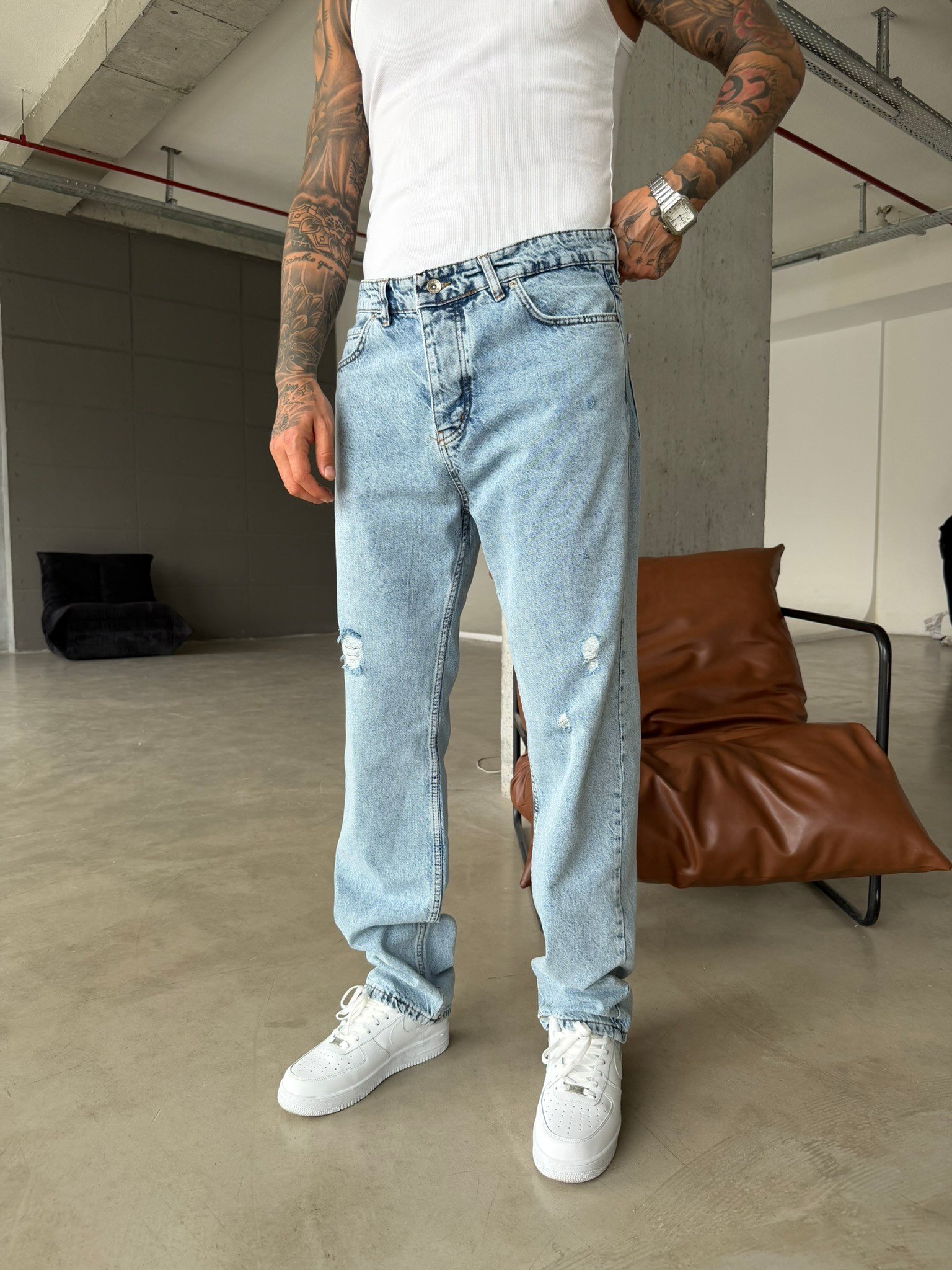 Basic Baggy Fit Yırtık Detay Pantolon - Mavi