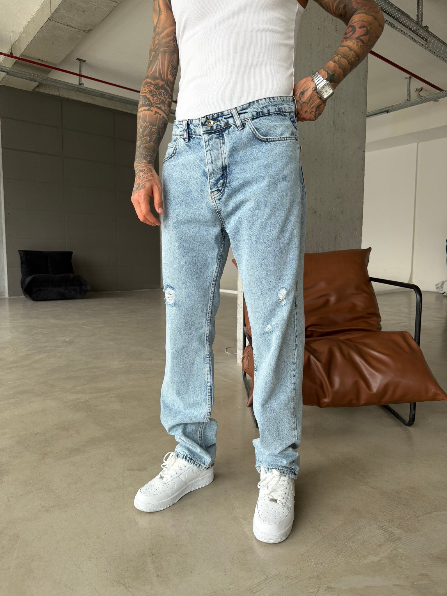 Basic Baggy Fit Yırtık Detay Pantolon - Mavi