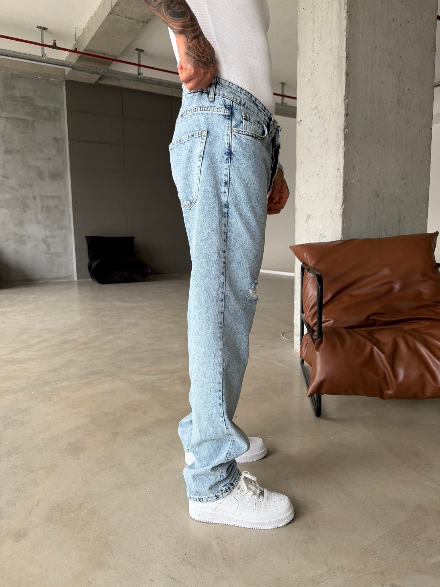 Basic Baggy Fit Yırtık Detay Pantolon - Mavi