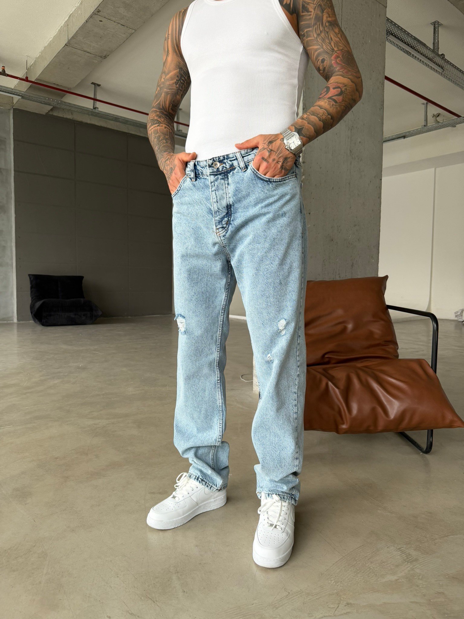 Basic Baggy Fit Yırtık Detay Pantolon - Mavi