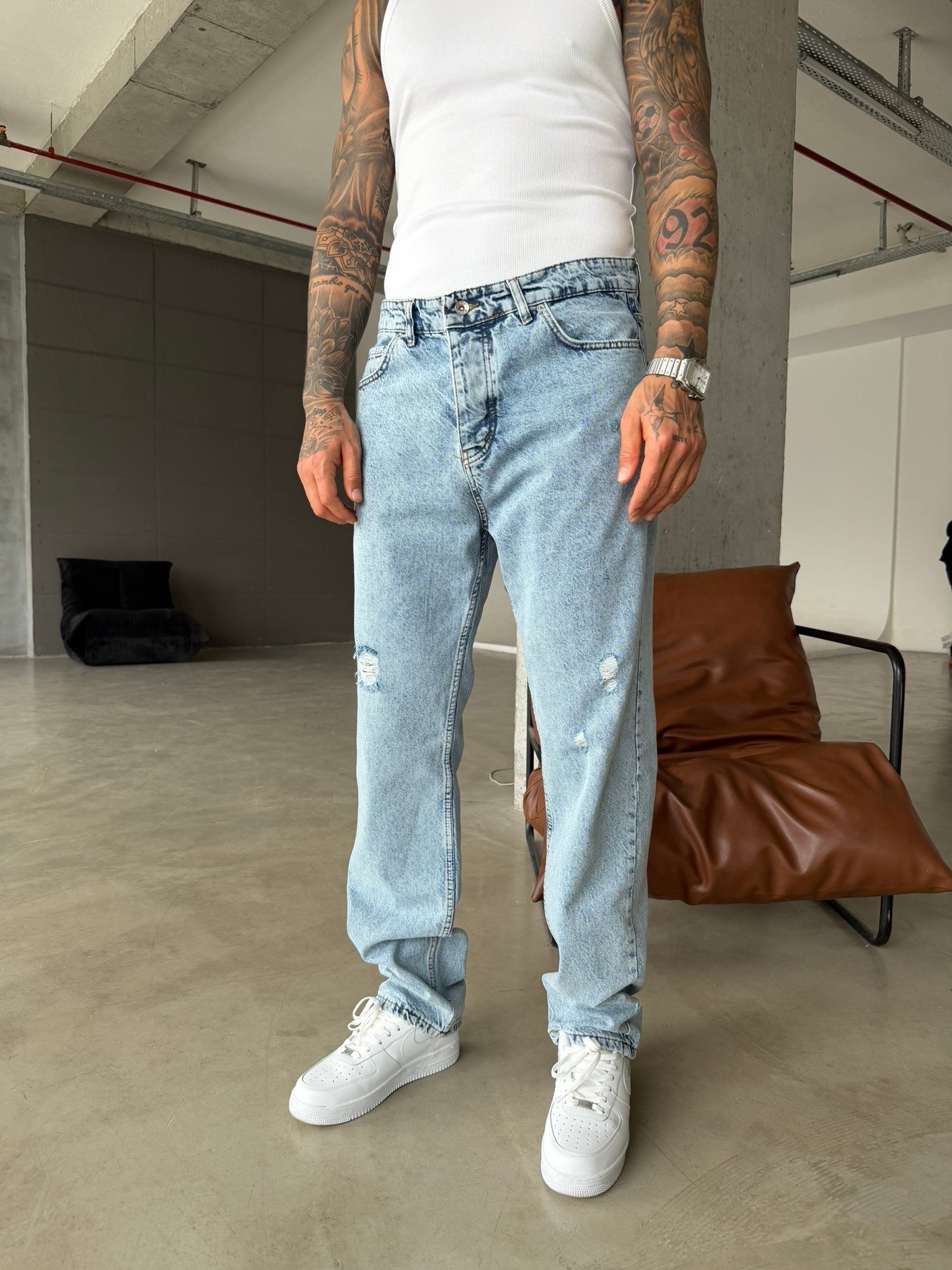 Basic Baggy Fit Yırtık Detay Pantolon - Mavi