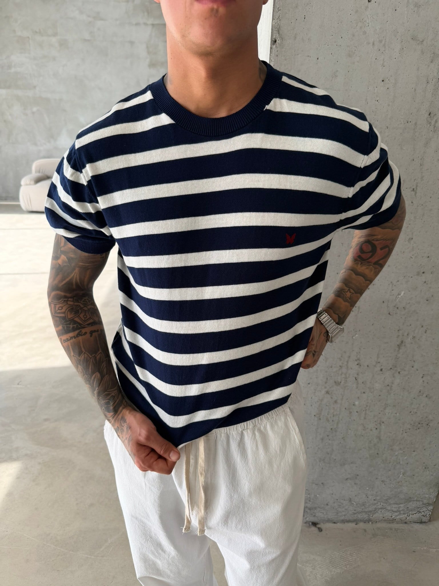 Basic Cizgili Nakışlı Regular T-Shirt - Lacivert