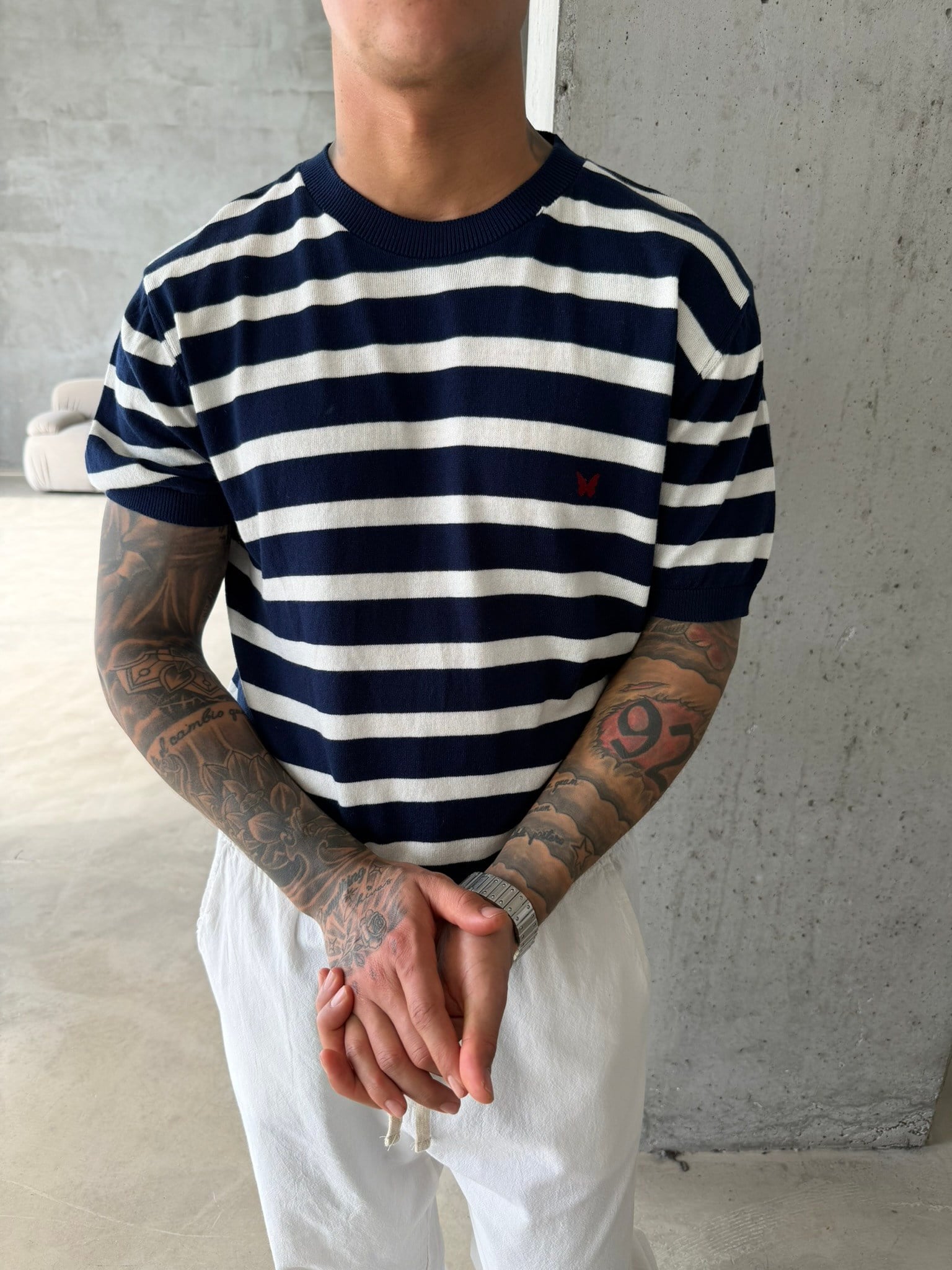 Basic Cizgili Nakışlı Regular T-Shirt - Lacivert