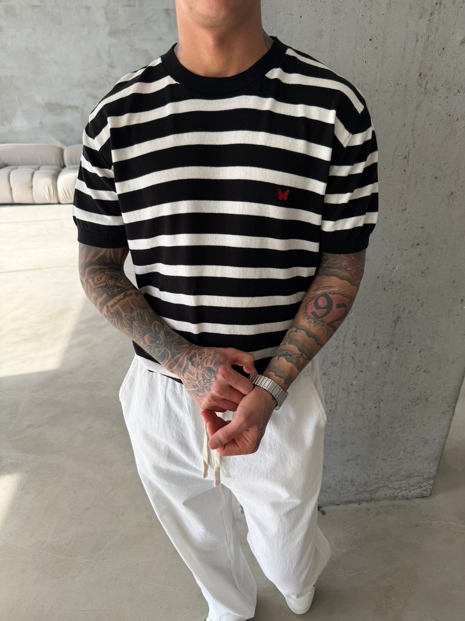 Basic Cizgili Nakışlı Regular T-Shirt - Siyah