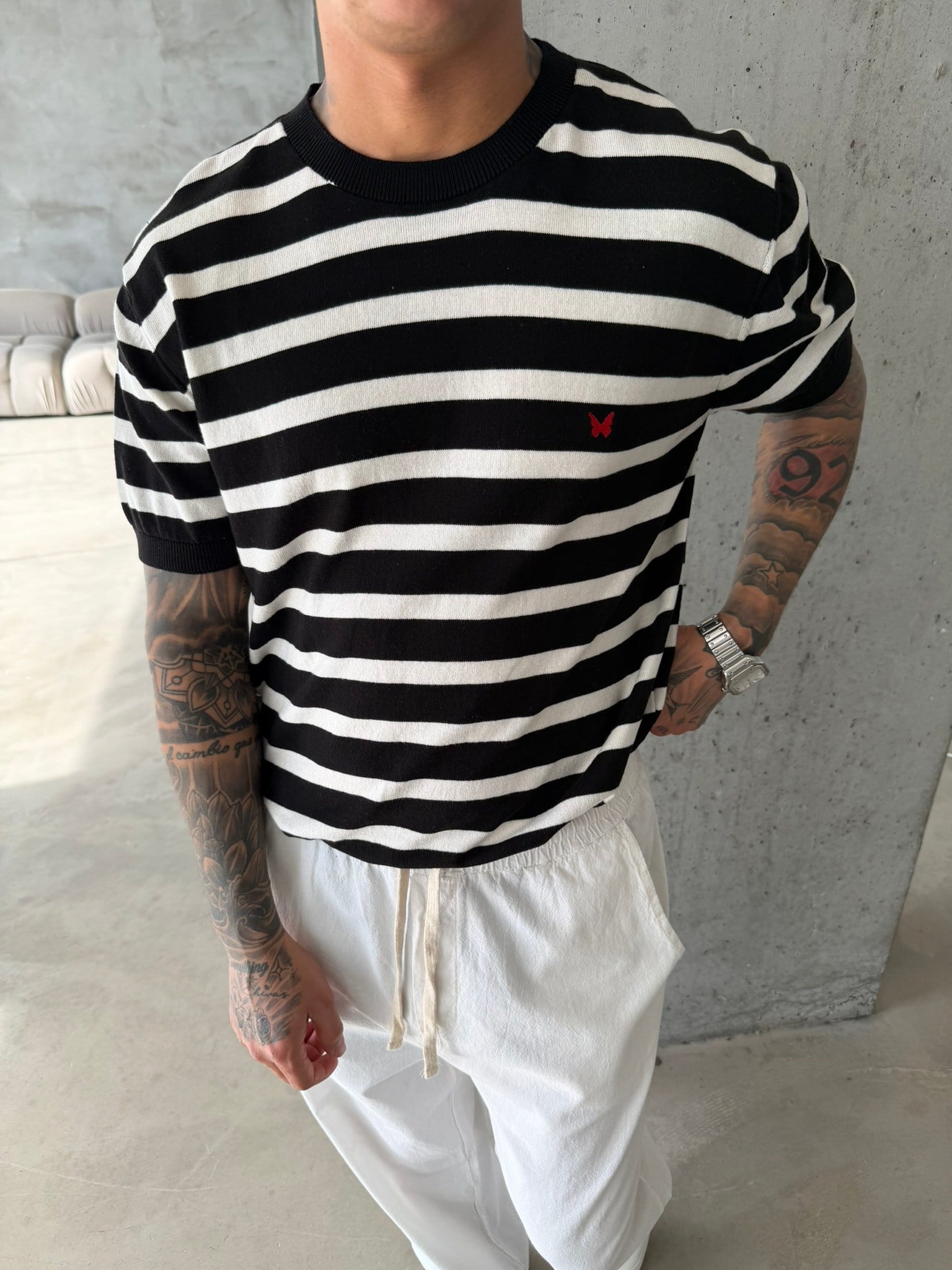 Basic Cizgili Nakışlı Regular T-Shirt - Siyah