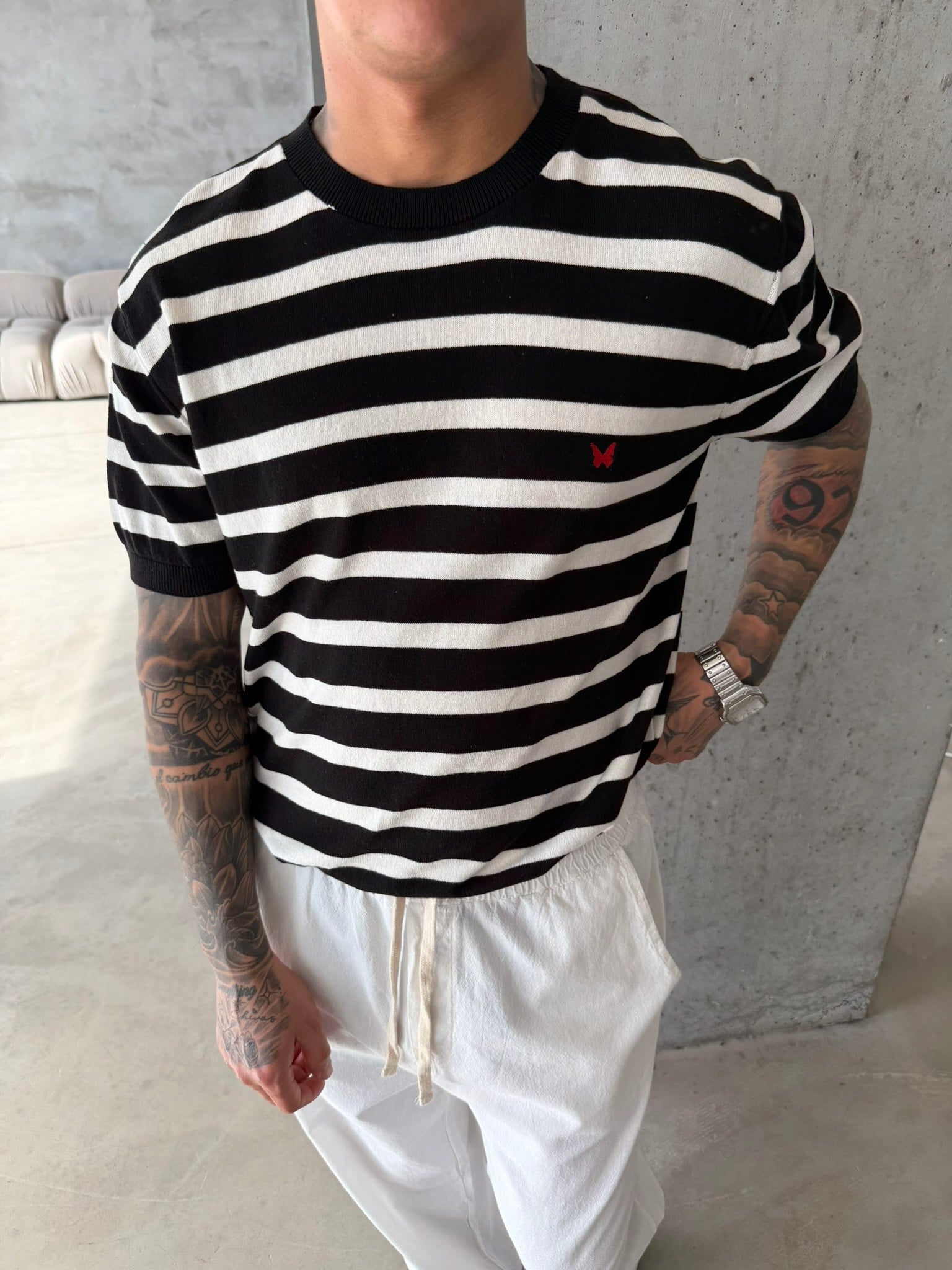 Basic Cizgili Nakışlı Regular T-Shirt - Siyah