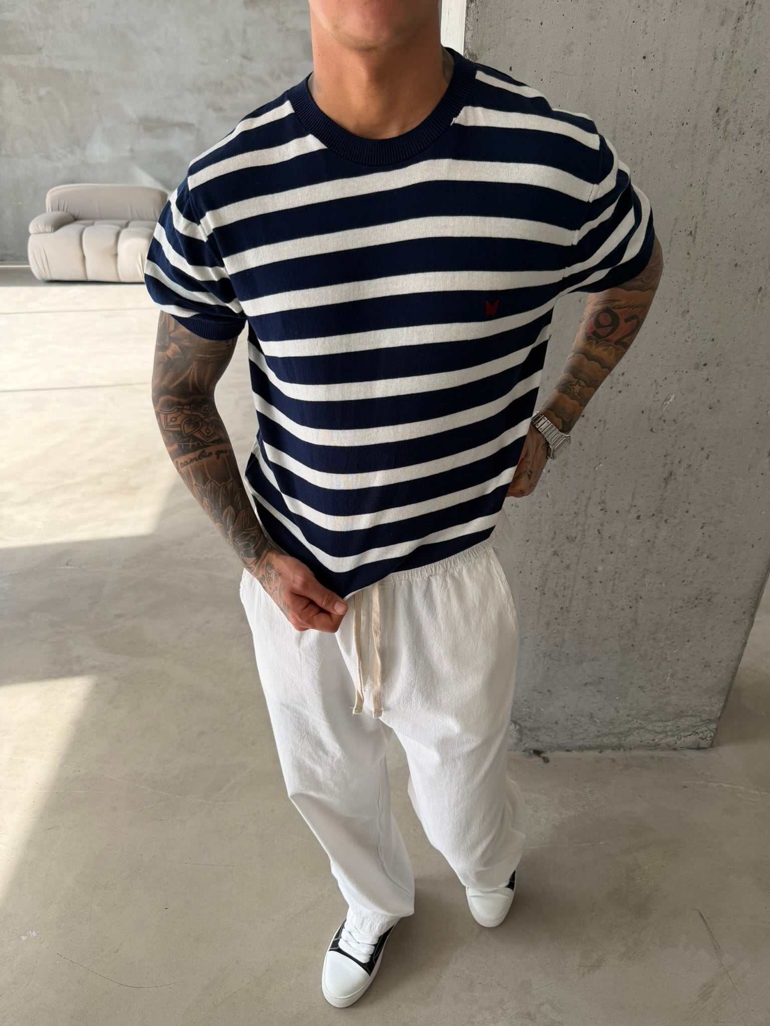 Basic Cizgili Nakışlı Regular T-Shirt - Lacivert