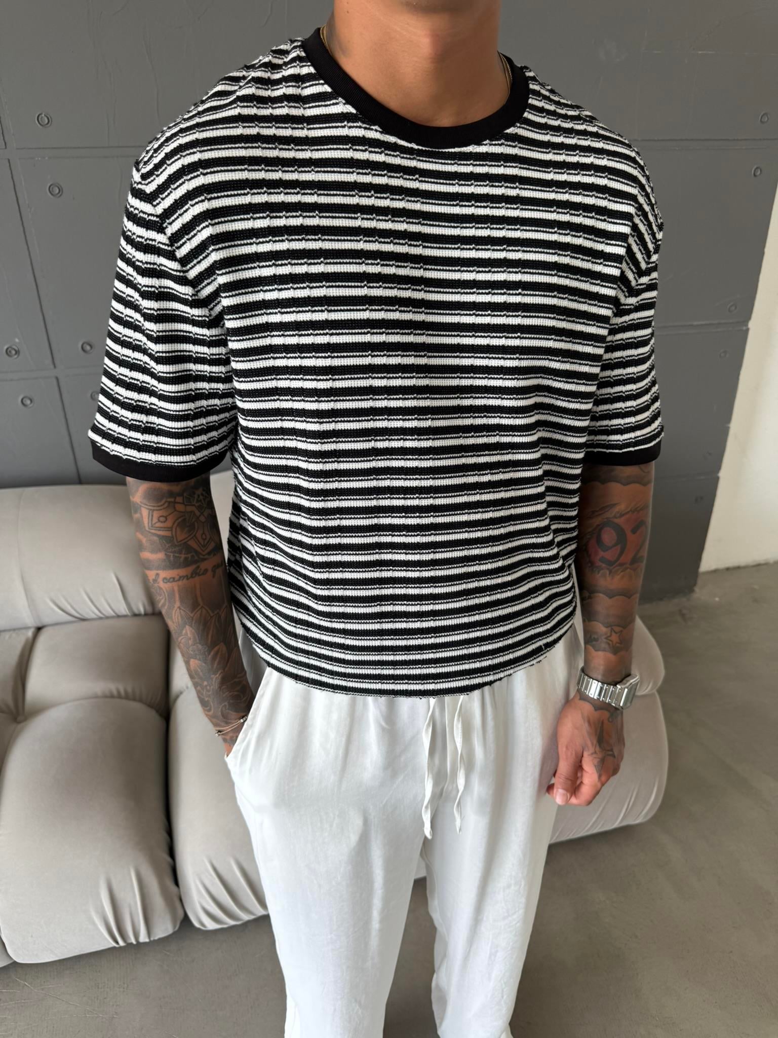Basic Cizgili Old Monet T-Shirt - Siyah