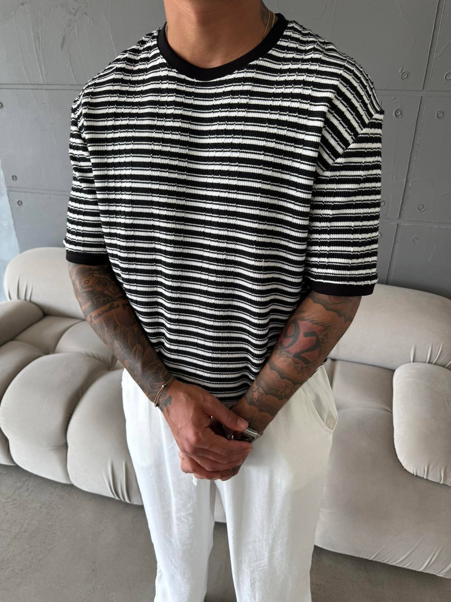 Basic Cizgili Old Monet T-Shirt - Siyah