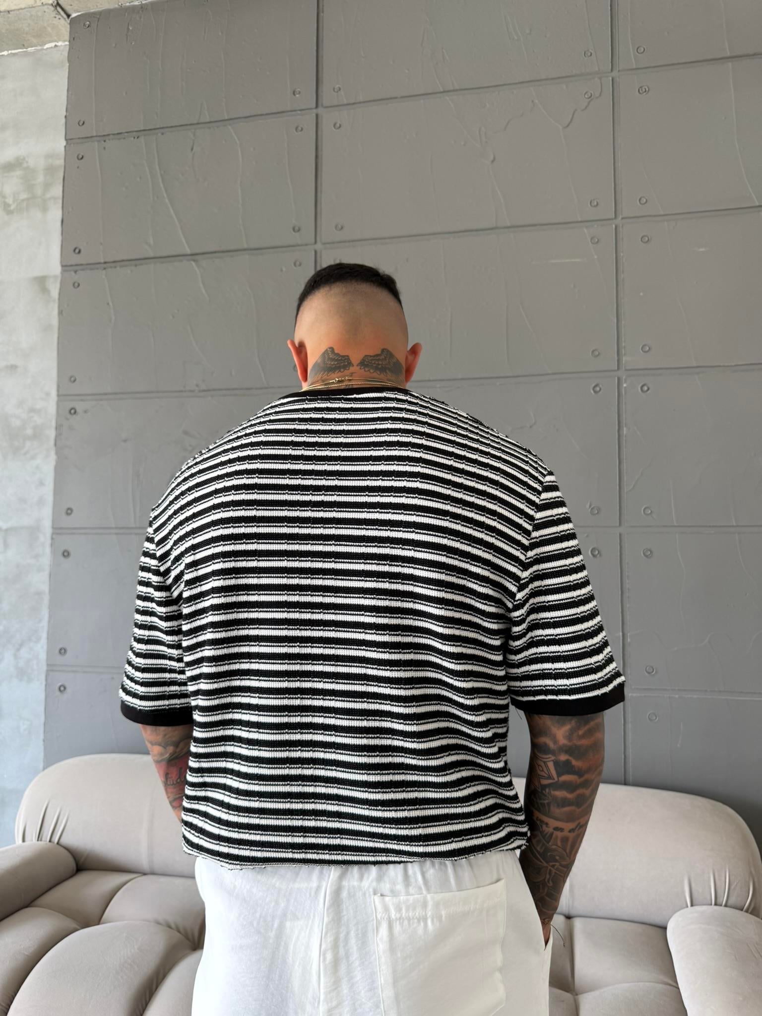 Basic Cizgili Old Monet T-Shirt - Siyah