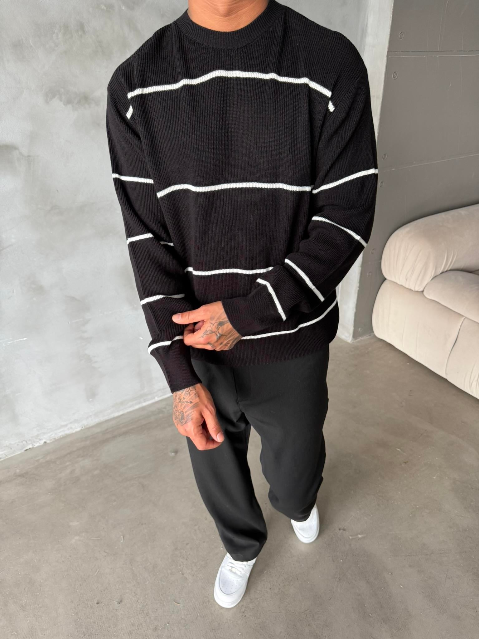 Basic Cizgili Triko Örme - Siyah