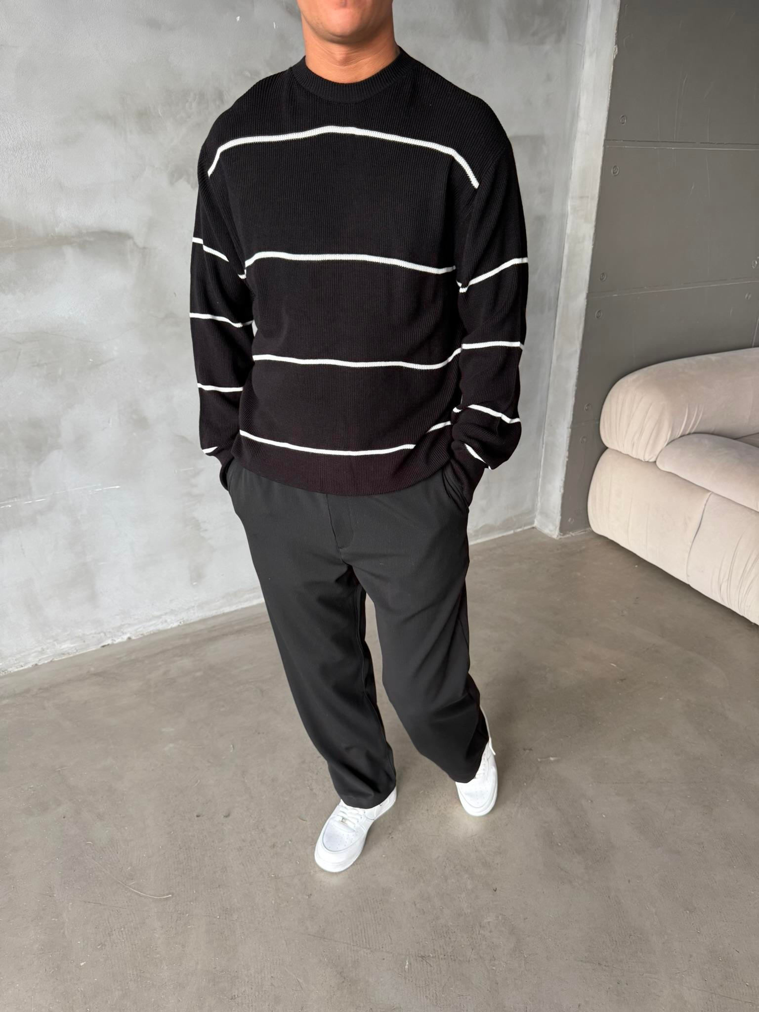 Basic Cizgili Triko Örme - Siyah