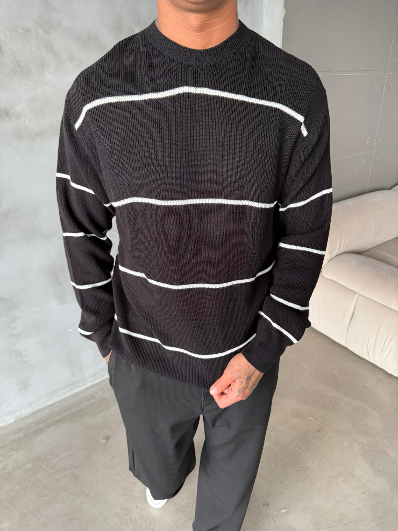 Basic Cizgili Triko Örme - Siyah