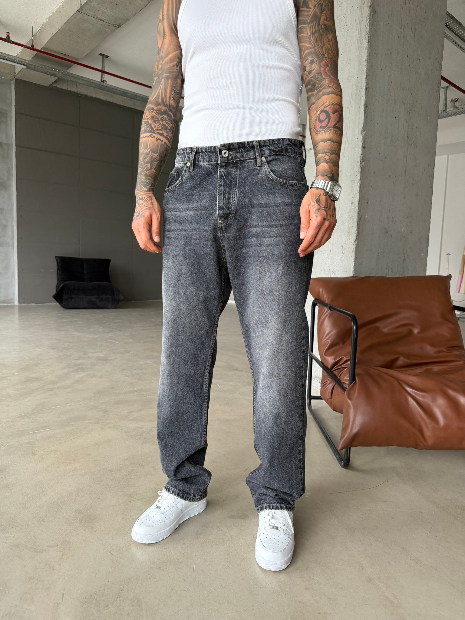 Basic Eskitme Yıkamalı Baggy Pantolon - Koyu Gri