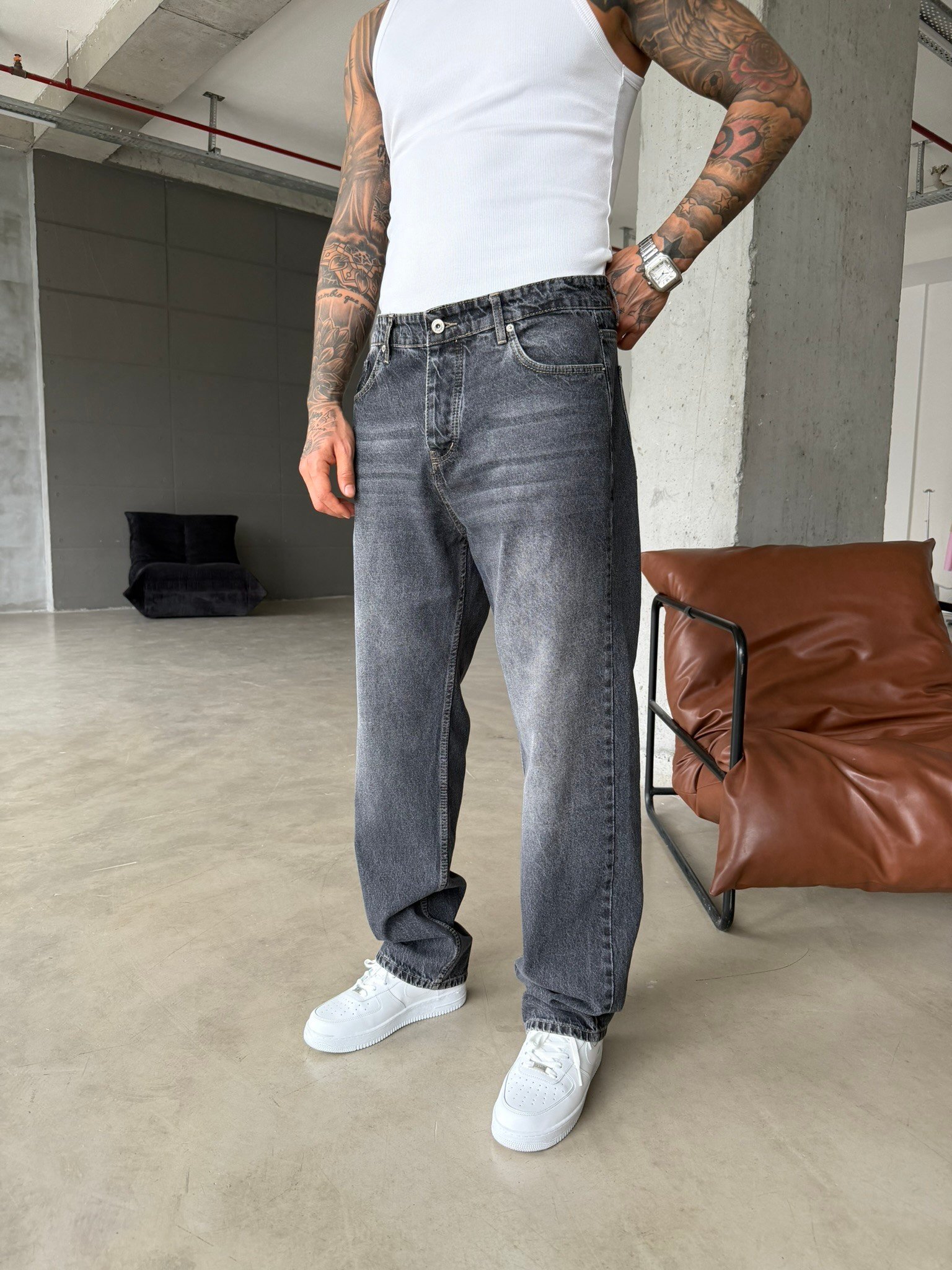 Basic Eskitme Yıkamalı Baggy Pantolon - Koyu Gri