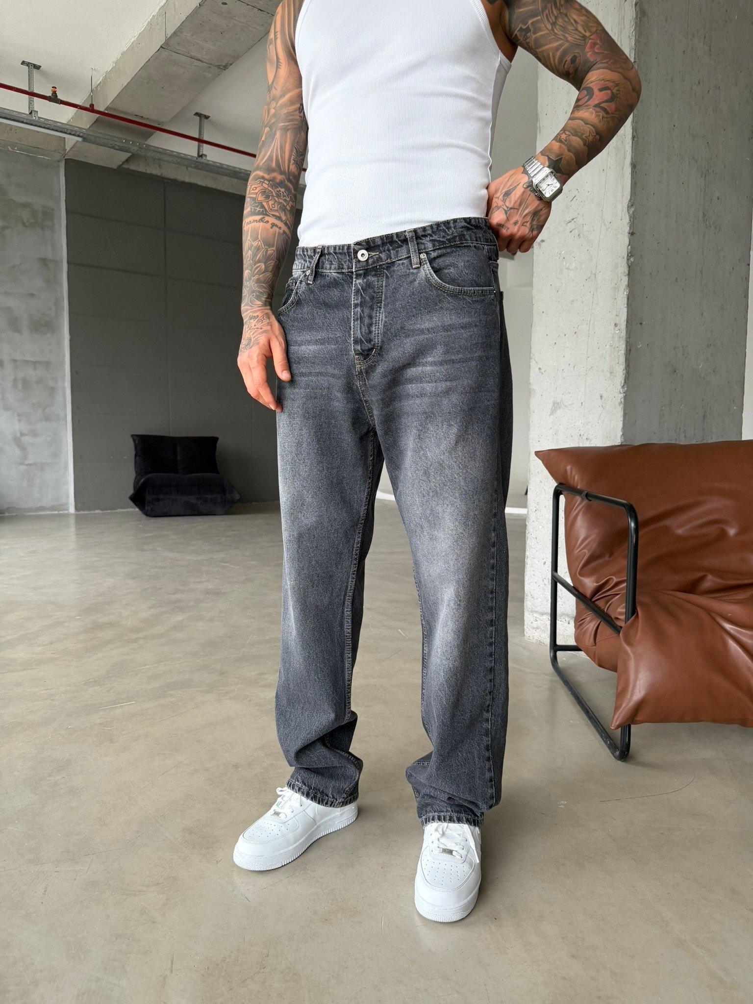 Basic Eskitme Yıkamalı Baggy Pantolon - Koyu Gri