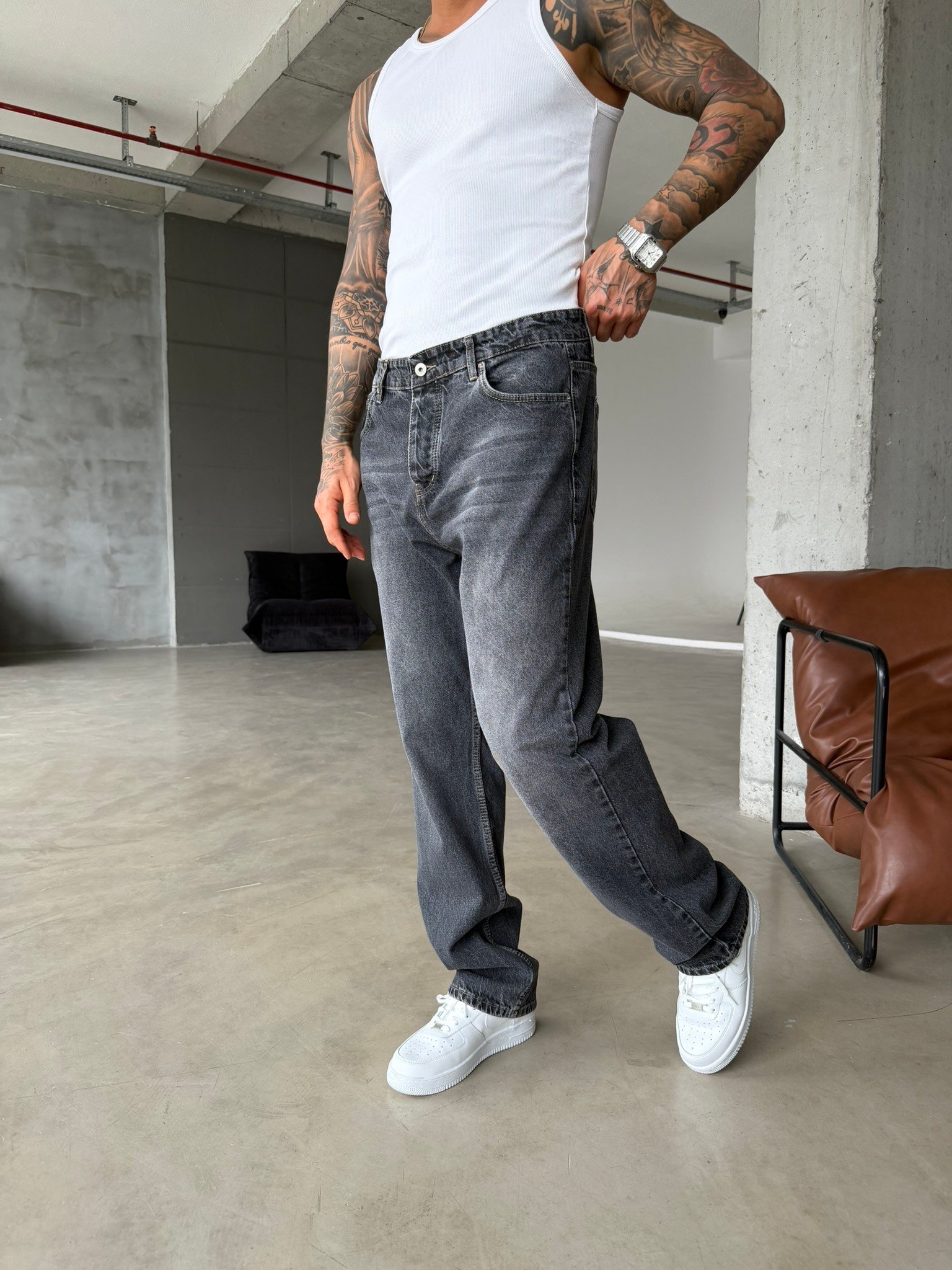 Basic Eskitme Yıkamalı Baggy Pantolon - Koyu Gri