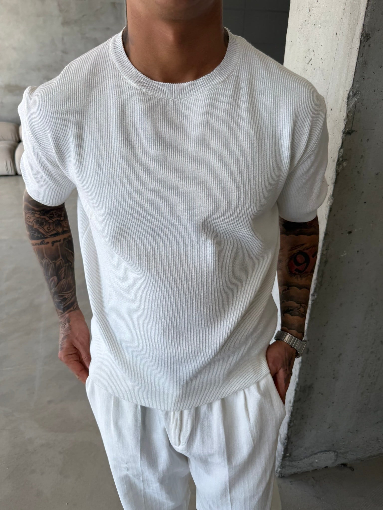 Basic Fitilli Polo Yaka - Beyaz