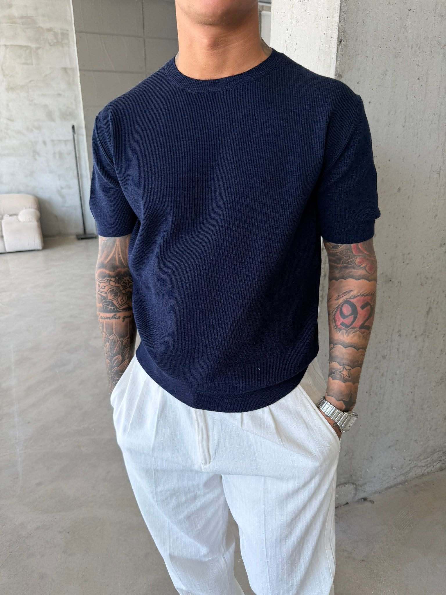 Basic Fitilli Polo Yaka - Lacivert