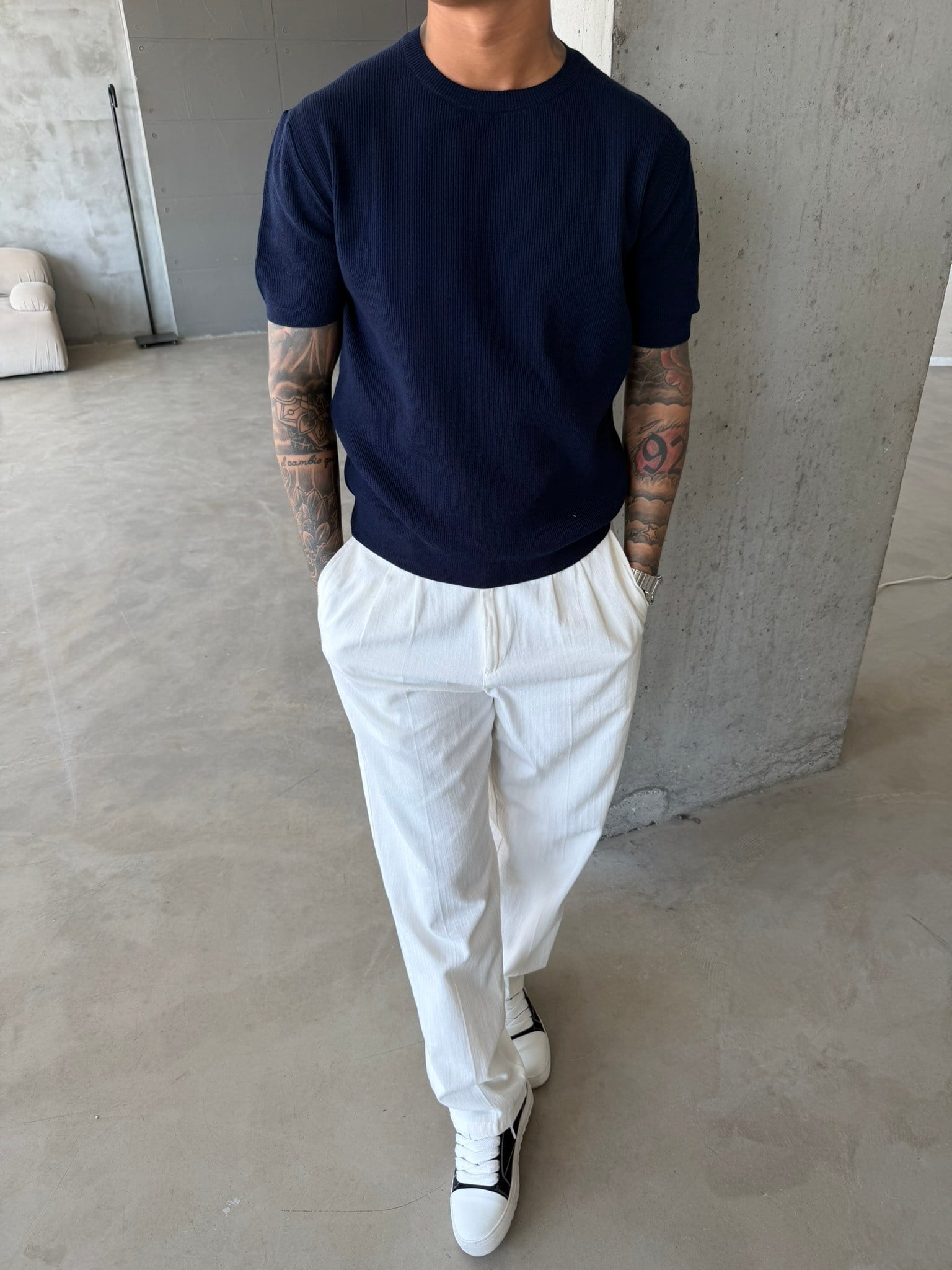 Basic Fitilli Polo Yaka - Lacivert