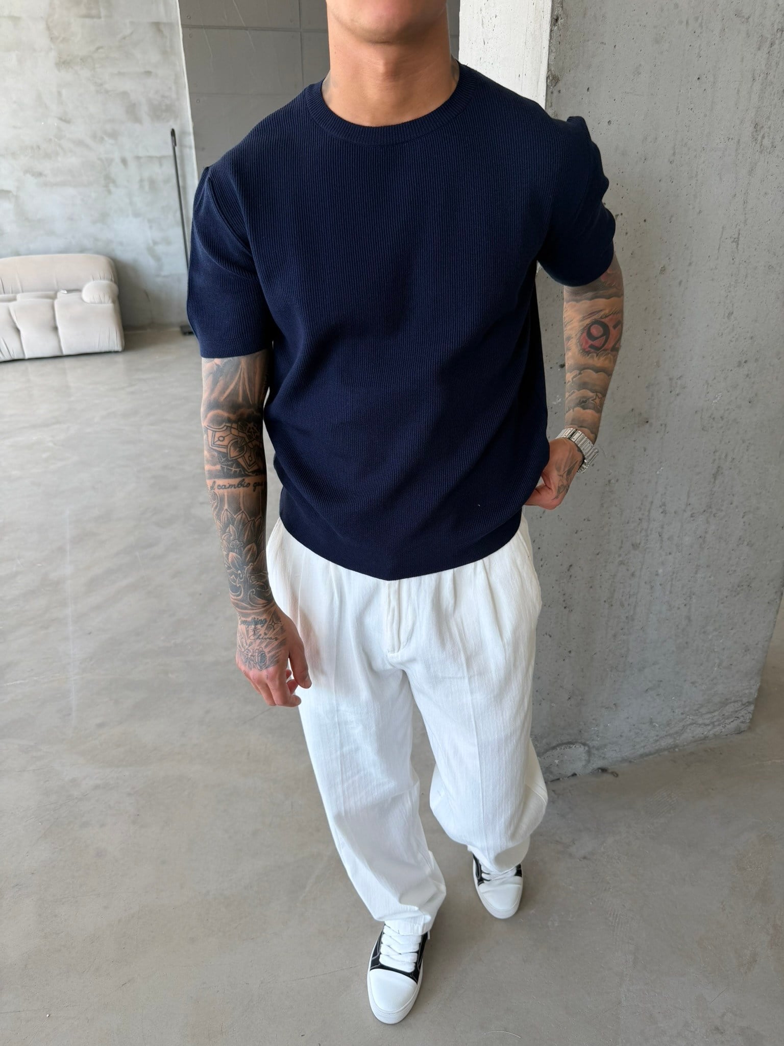 Basic Fitilli Polo Yaka - Lacivert
