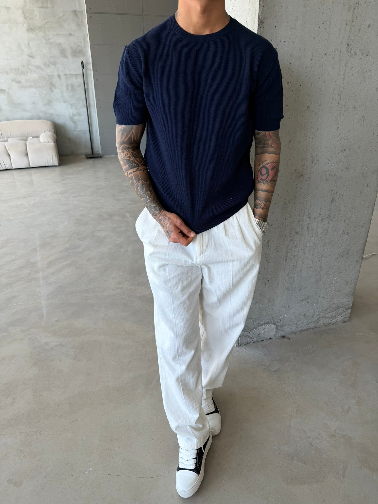 Basic Fitilli Polo Yaka - Lacivert