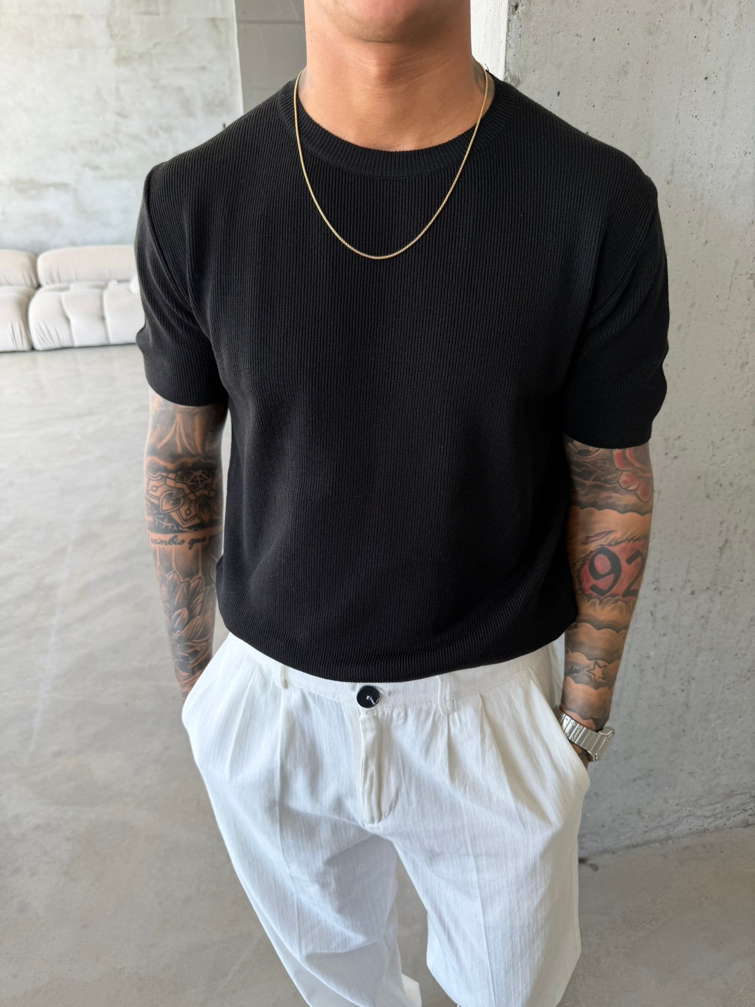 Basic Fitilli Polo Yaka - Siyah