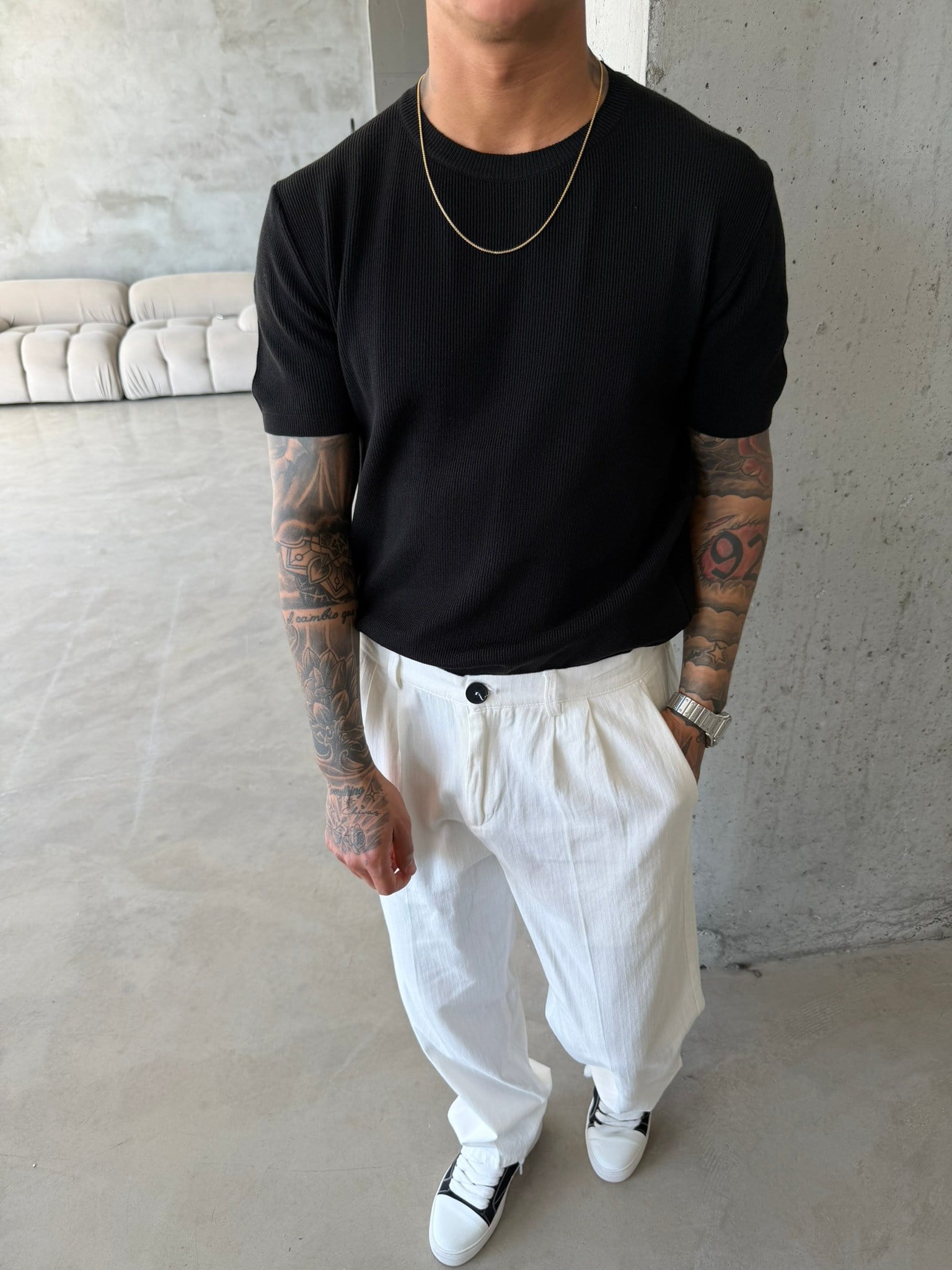 Basic Fitilli Polo Yaka - Siyah